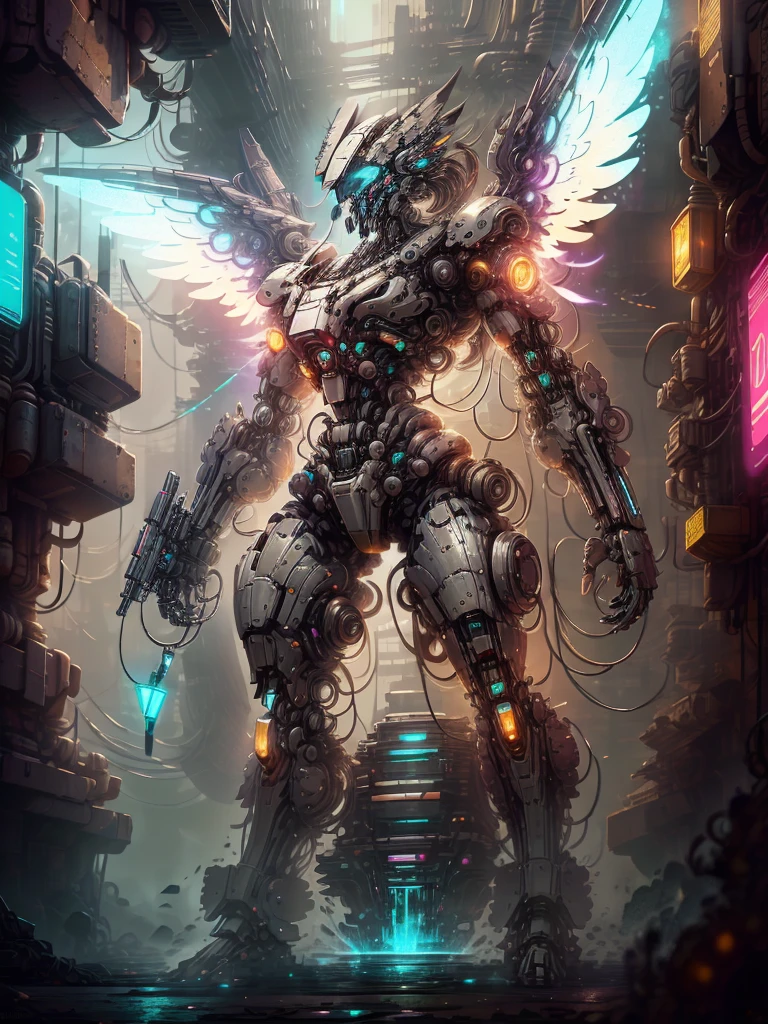 Angels in Digimon photography, biology, ((Complex mechanical warrior)), four golden wings, grow fully, surreal, Crazy little details, The lines are very clean, cyberpunk aesthetics, A masterpiece on Zbrush Central, Cyberpunk city setting