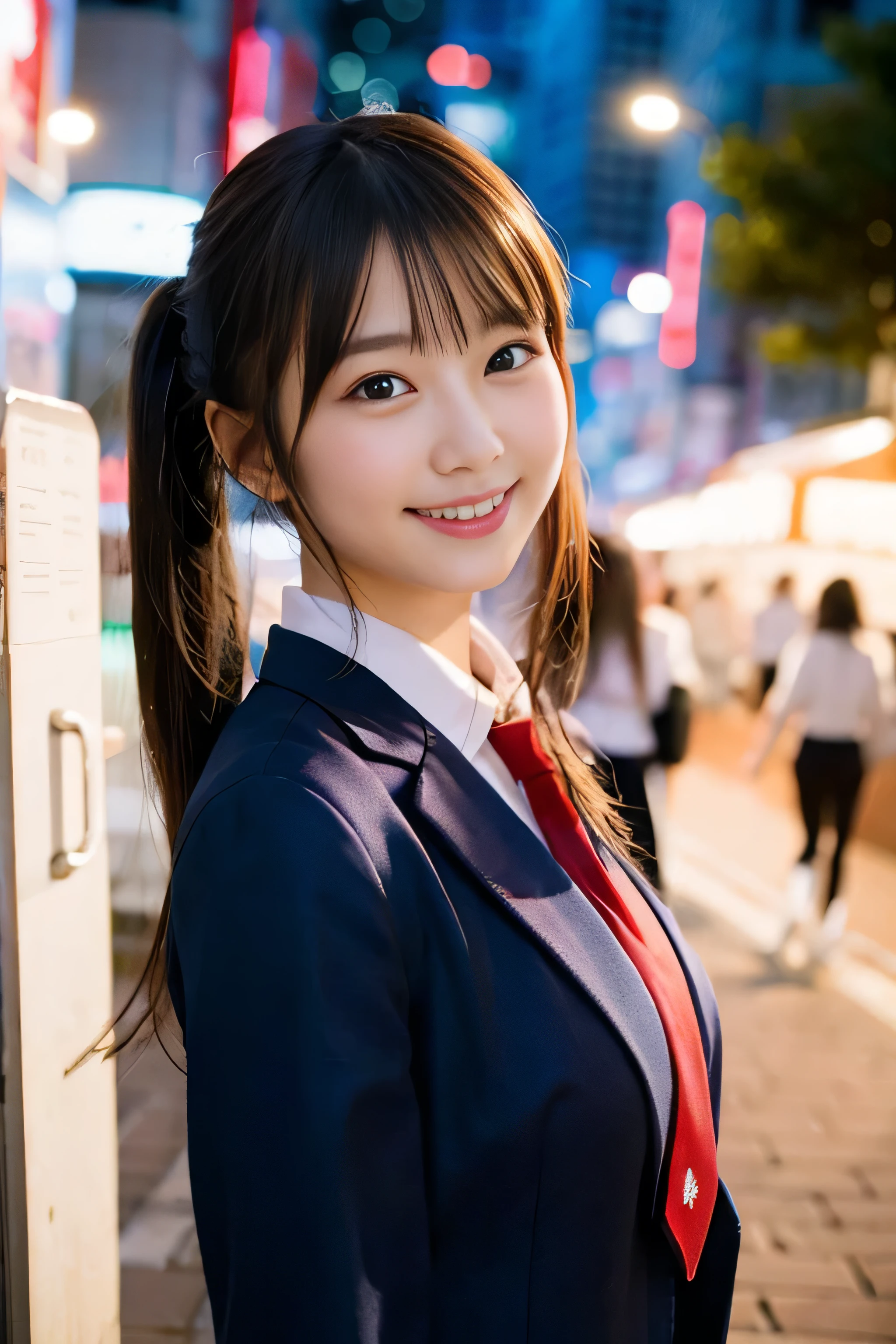 (8K、RAW photo、best image quality、masterpiece:1.2)、(genuine、フォトgenuine:1.37)、Super detailed、ultra high resolution、girl、1 person、Eyes that see the beholder、Beautiful face in every detail、smile、narrow、 (slim waist) :1.3)、thick and beautiful skin、skin texture、flowing hair、professional writing、as a whole human body、Twin tail hairstyle、high school girlの制服、high school girl、school zone、Tokyo、cityscape、red tie、bob hair、happy smile、baby face smile、no makeup、16 years old、a little chubby、E cup breasts、