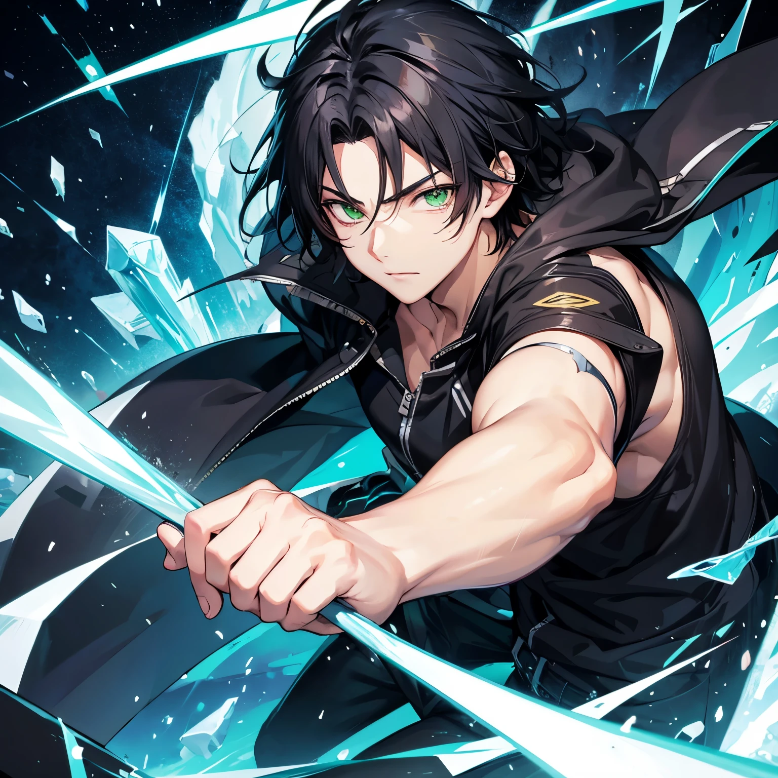 anime guy with black hair swept to the right and green eyes with ice powers