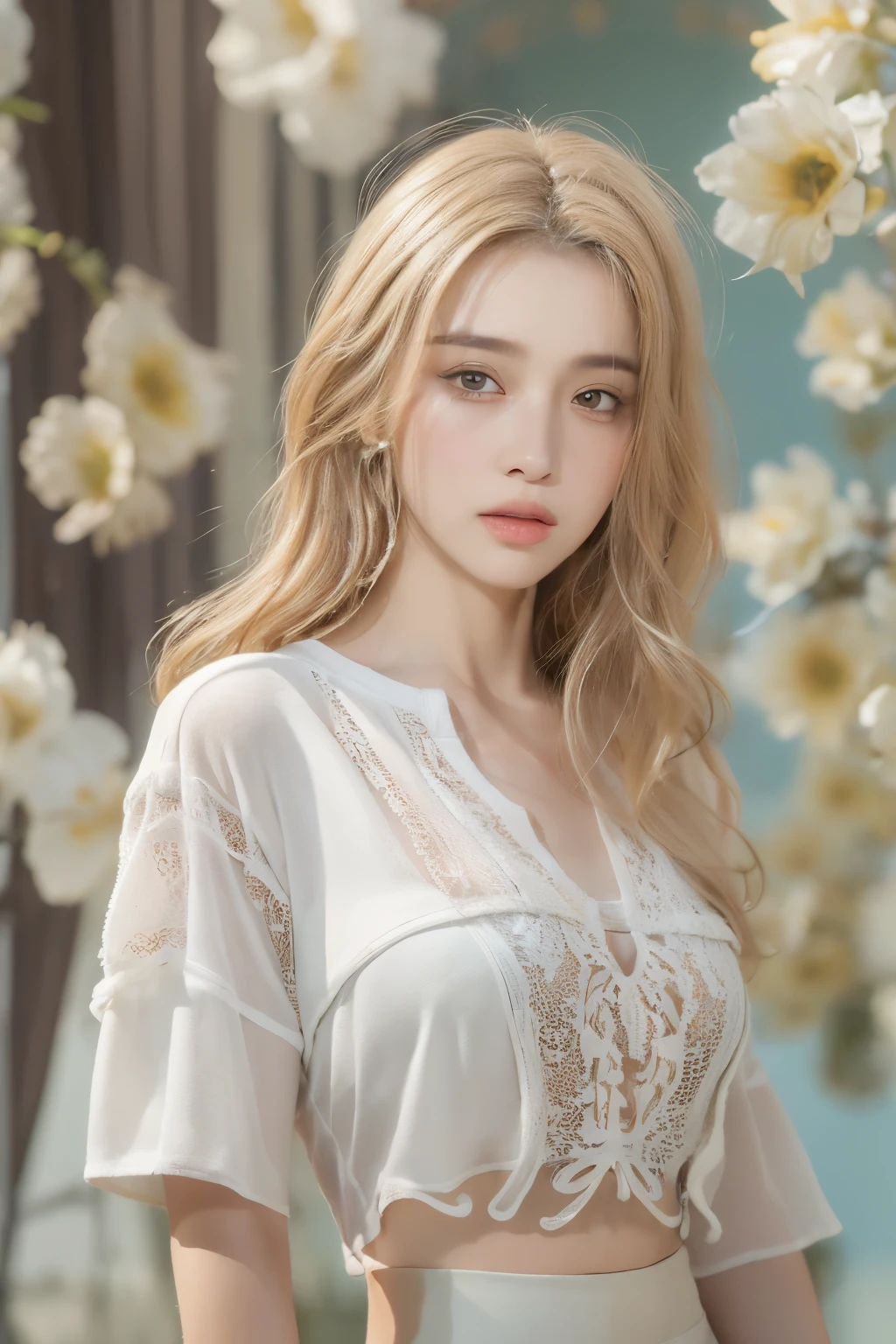 ((highest quality, 8K, masterpiece: 1.3)), (Flower Cap: 1.3), concentrated: 1.2, perfect body beauty: 1.4, big breasts, Fine expression in every detail, (layered haircut: 1.2)),  Highly detailed face and skin texture, whole body, delicate eyes, double eyelid, whitened skin, long hair, (round face: 1.5), (loose crop top, shorts: 1.6)