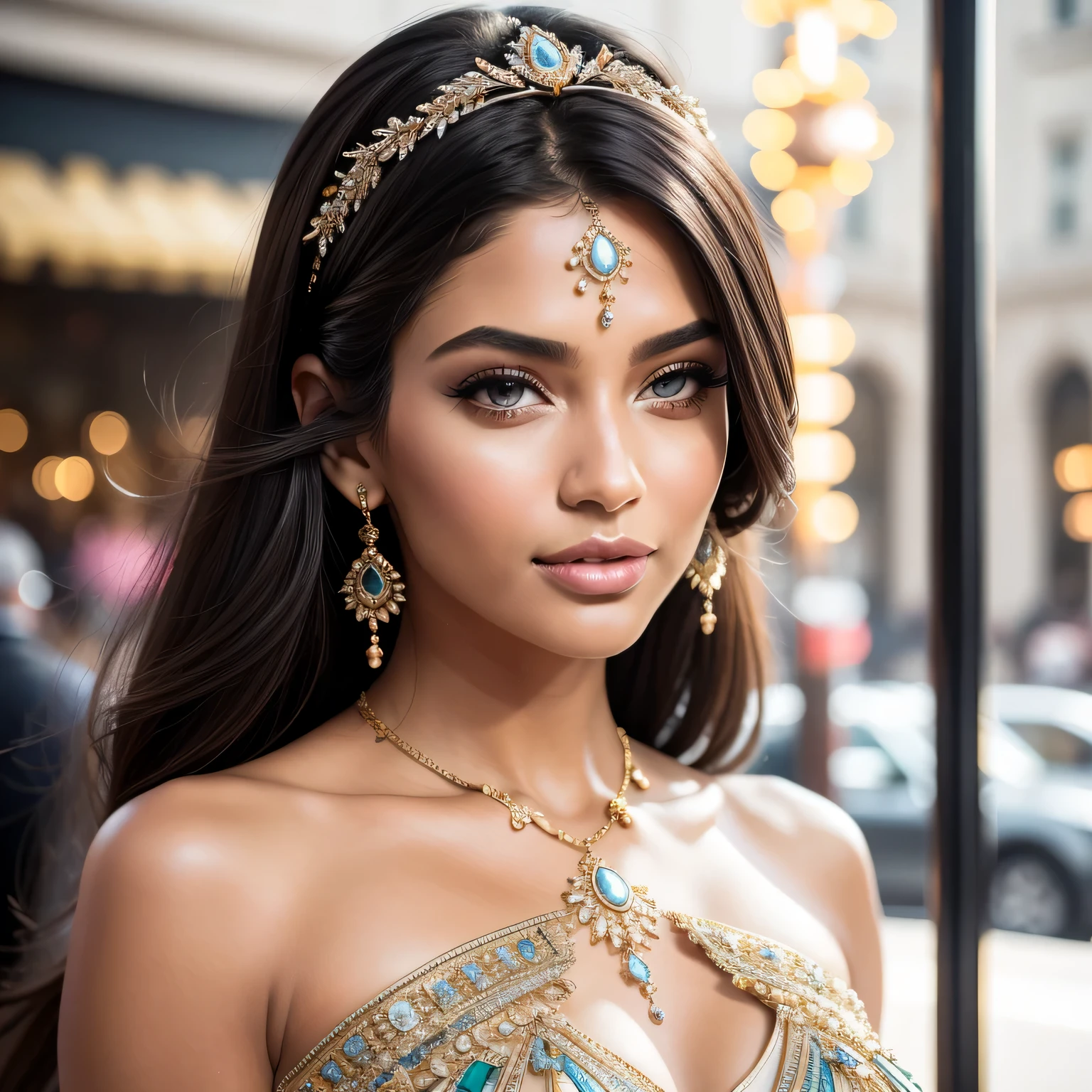 Best quality, masterpiece, ultra high res, (photorealistic:1.4), raw photo, 1girl, Arabian girl, in the dark, deep shadow, low key, cold light, teasing smile, Necklaces, Bracelets, Hair Accessories, Earrings, Headbands, pub, bar, night, Dubai,