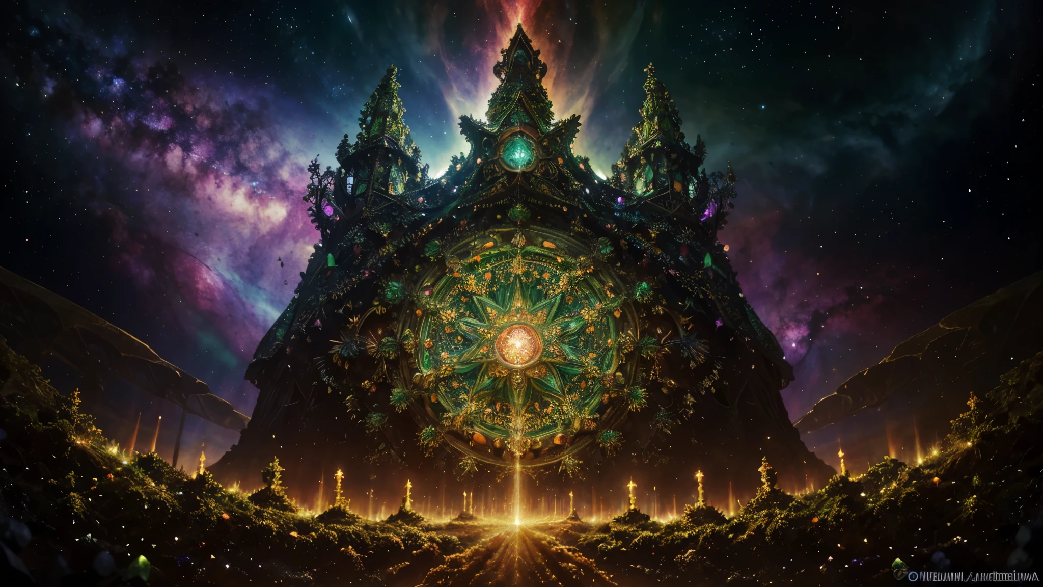 (High resolution, incredibly detailed, masterpiece), scottish greenman sconce, featuring fractal geometry in (vibrant colors:0.8), set against a (nebula background:1.2), bringing together complex, mesmerizing shapes and patterns,dmt ,fractal art,holy light.