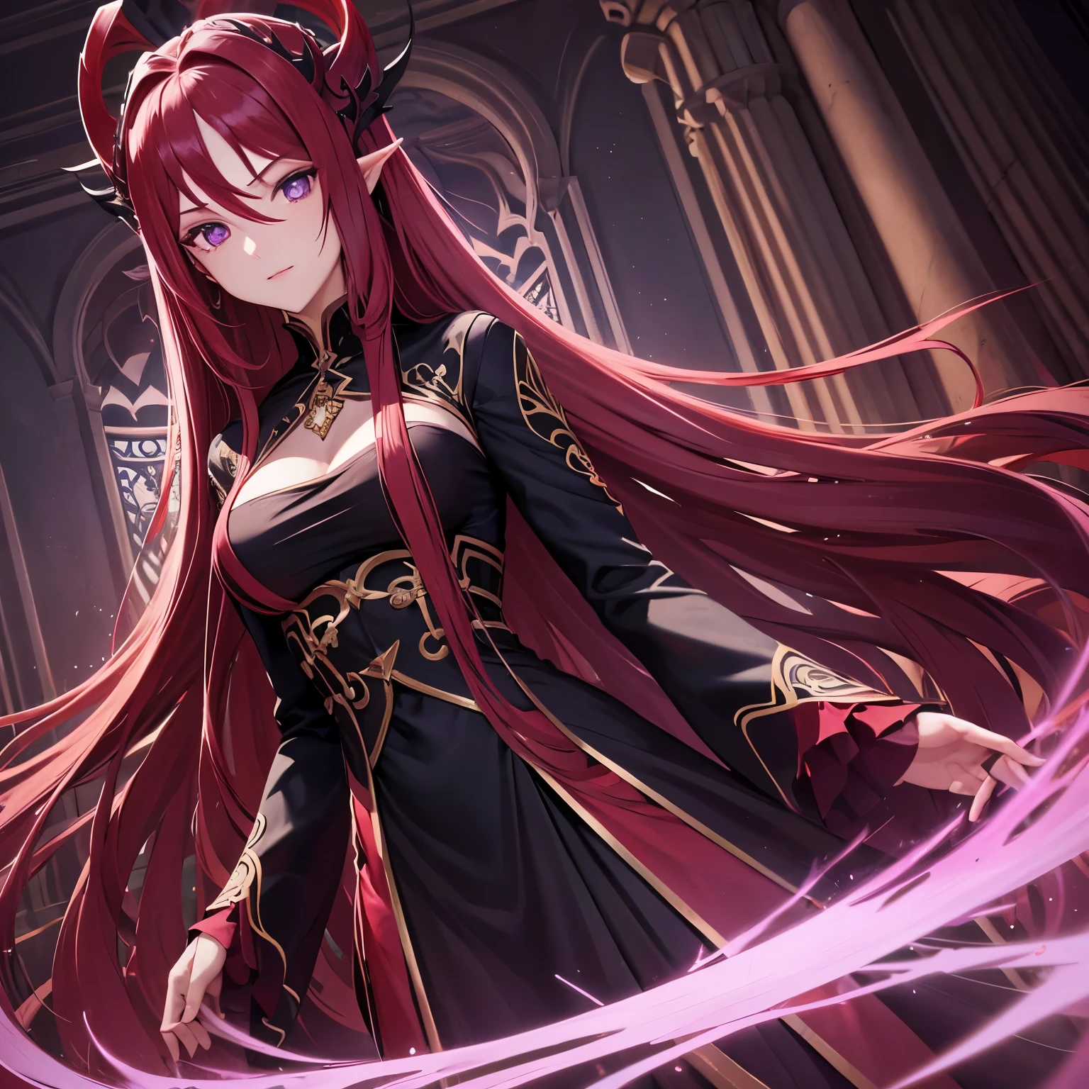 Dark long red flowing hair beautiful goddess with purple eyes and poison power