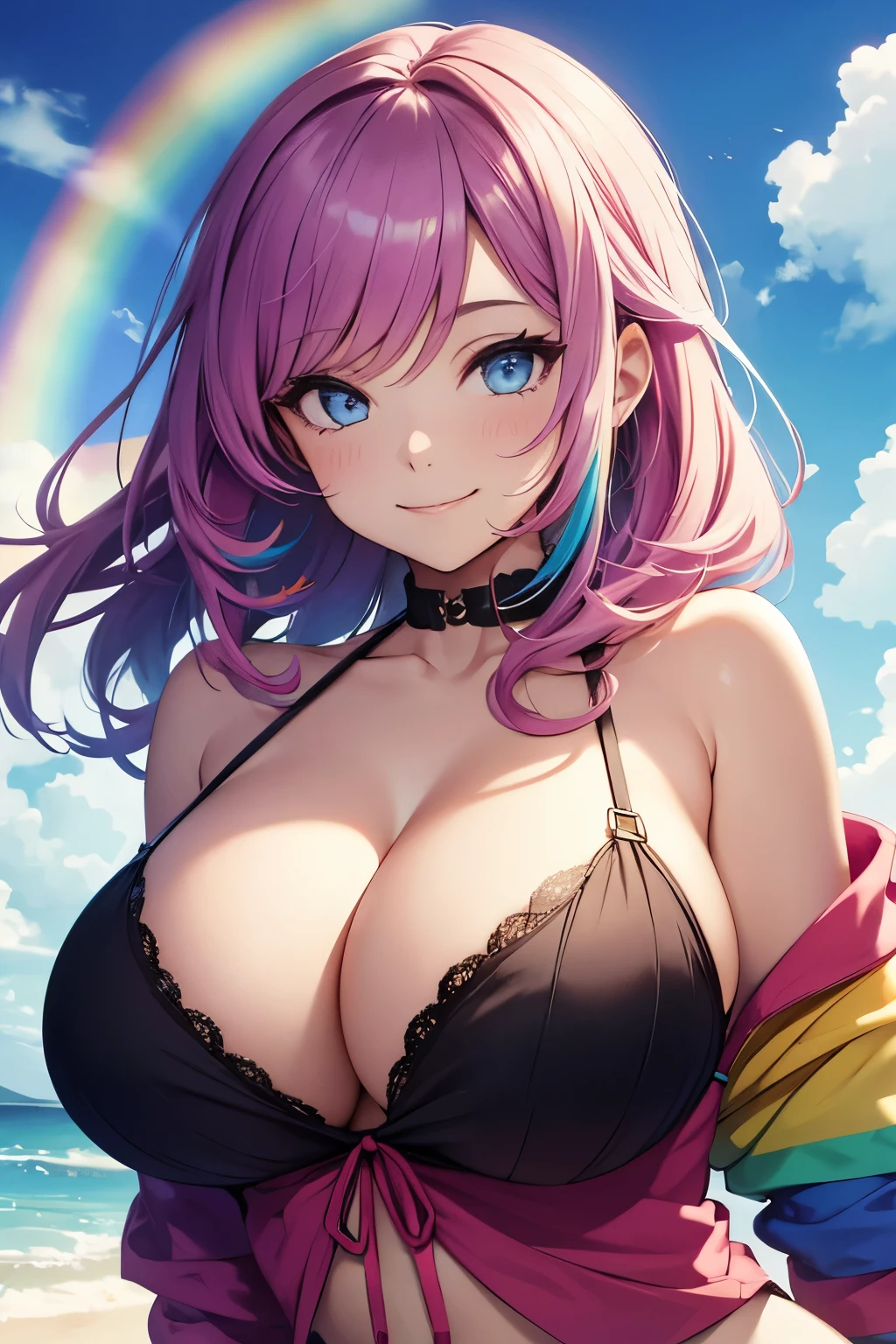 Beautiful girl, smile, colorful world, rainbow sky, big breasts, cleavage,