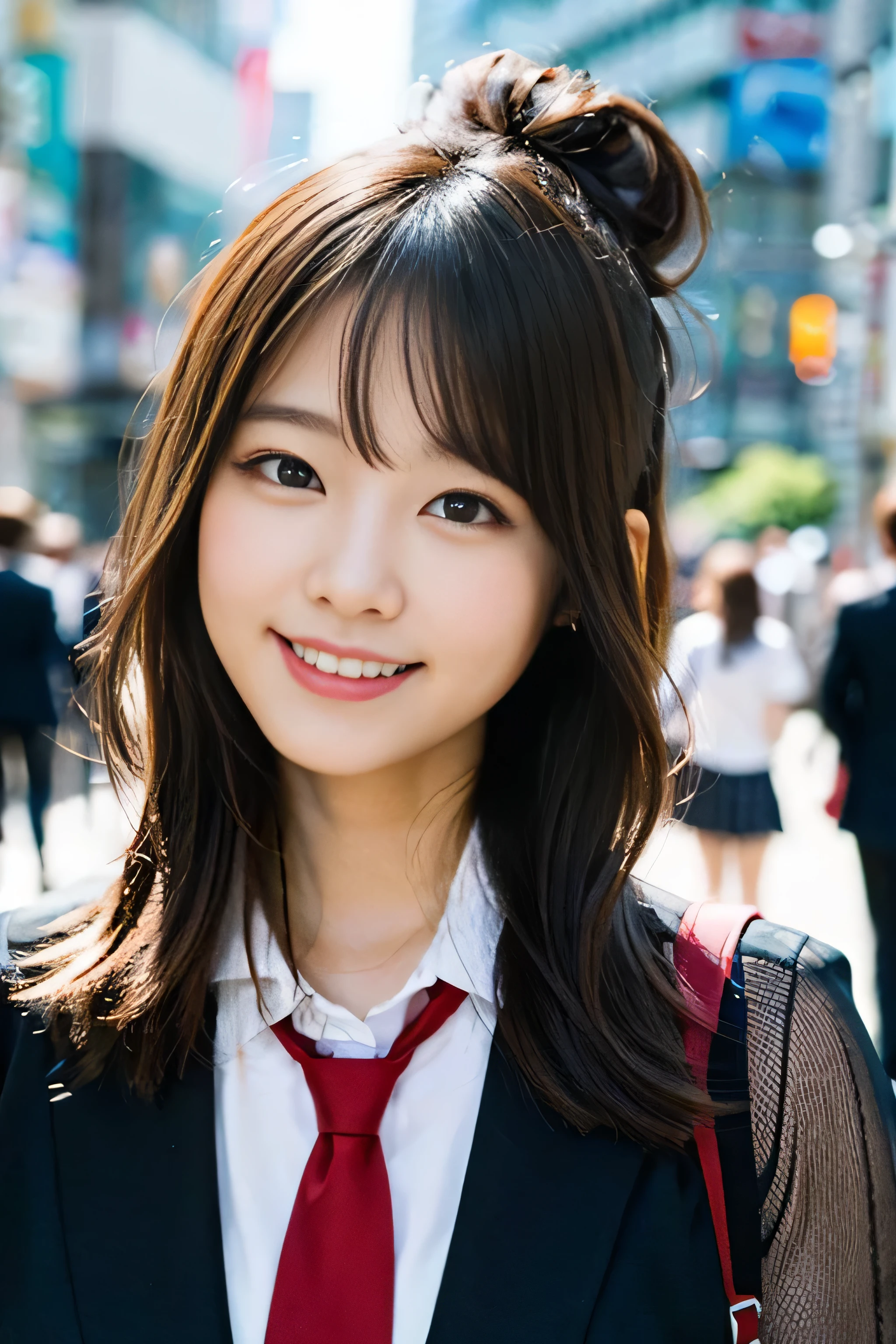 (8K、RAW photo、best image quality、masterpiece:1.2)、(genuine、フォトgenuine:1.37)、Super detailed、ultra high resolution、girl、1 person、Eyes that see the beholder、Beautiful face in every detail、smile、narrow、 (slim waist) :1.3)、thick and beautiful skin、skin texture、flowing hair、professional writing、as a whole human body、sheep hairstyle、side bun hairstyle、high school girlの制服、high school girl、school zone、Tokyo、cityscape、red tie、bob hair、happy smile、baby face smile、no makeup、16 years old、a little chubby、E cup breasts、