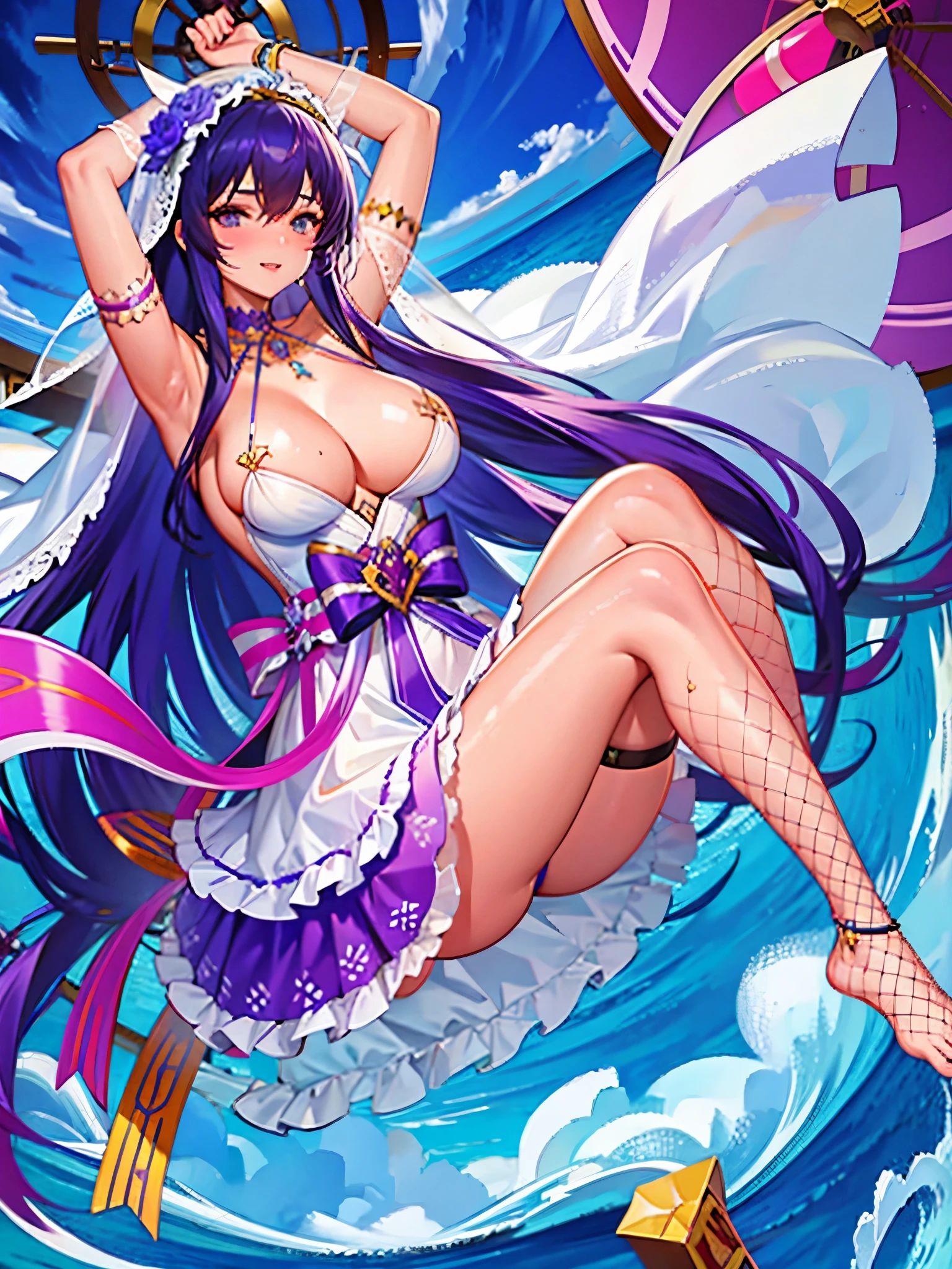 masterpiece, gorgeous face, 1girl, solo, leg fishnets, violet hair, very large breasts, veil, Greek clothes, almost naked