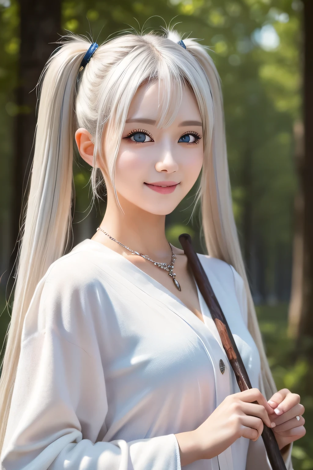 ((masterpiece)), ((highest quality)), (super detailed), ((cute)), cute, (Lovely), ((sexy)), (device), ((very detailed)), (fine eyes), (detailed facial features), (finger details), (Detailed clothing characteristics), 4K, (8K), (beautiful), figure, cowboy shot, walk, forest, daytime, a cute girl, 1 girl, alone, ((Mage clothes:1.2)), (Elf Dress), ((Mage Staff:1.2)), flat chest, ((beautiful white hair)), beautiful blue eyes, ((beautiful eyes)), (twin tails:1.2), necklace, smile, blush, shiny