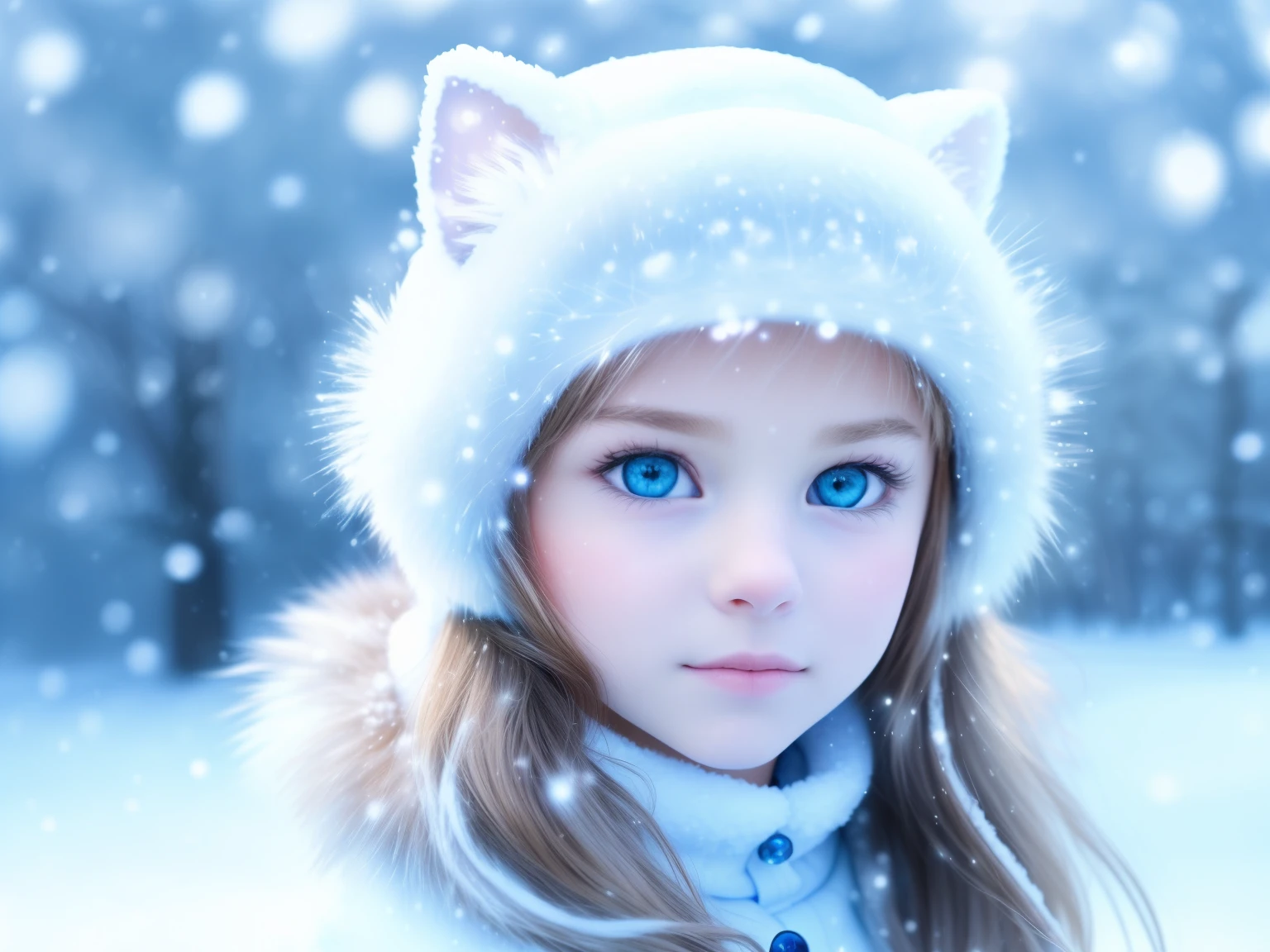 (raw photo: 1.2), (photorealistic: 1.4), (best quality: 1.4), (ultra highres: 1.2), (highly detailed: 1.3), (HDR: 1.2), (cinematic lighting: 1.3), (detailed eyes), (detailed facial features), (detailed fur), (snowy background: 1.2), blonde hair 8--old ody portrait 3/4: 1.2),, (soft fur: 1.2), (adorable:1.2), (looking at the viewer), (innocent expression), (soft lighting), (dreamlike), (fantasy:1.3), (ethereal:1.3),  (magical:1.2), (snowflakes: 1.2), (winter wonderland:1.3), (capricious:1.2), (funny:1.2).