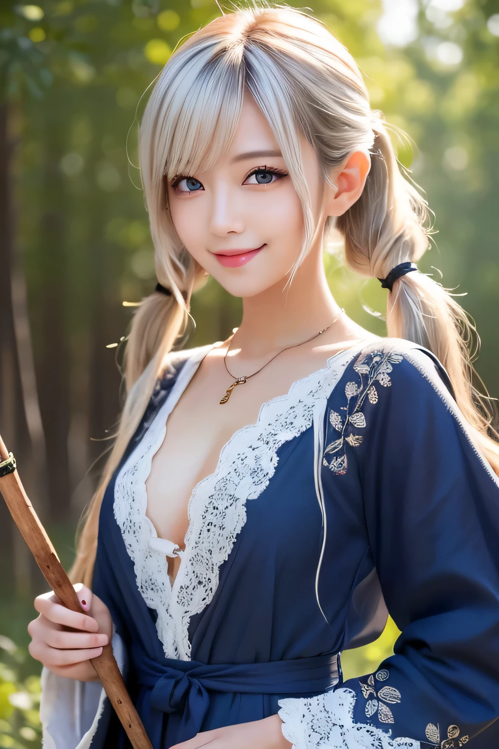 ((masterpiece)), ((highest quality)), (super detailed), ((cute)), cute, (Lovely), ((sexy)), (device), ((very detailed)), (fine eyes), (detailed facial features), (finger details), (Detailed clothing characteristics), 4K, (8K), (beautiful), figure, cowboy shot, walk, forest, daytime, a cute girl, 1 girl, alone, ((Mage clothes:1.2)), (Elf Dress), ((Mage Staff:1.2)), flat chest, ((beautiful white hair)), beautiful blue eyes, ((beautiful eyes)), (twin tails:1.2), necklace, smile, blush, shiny