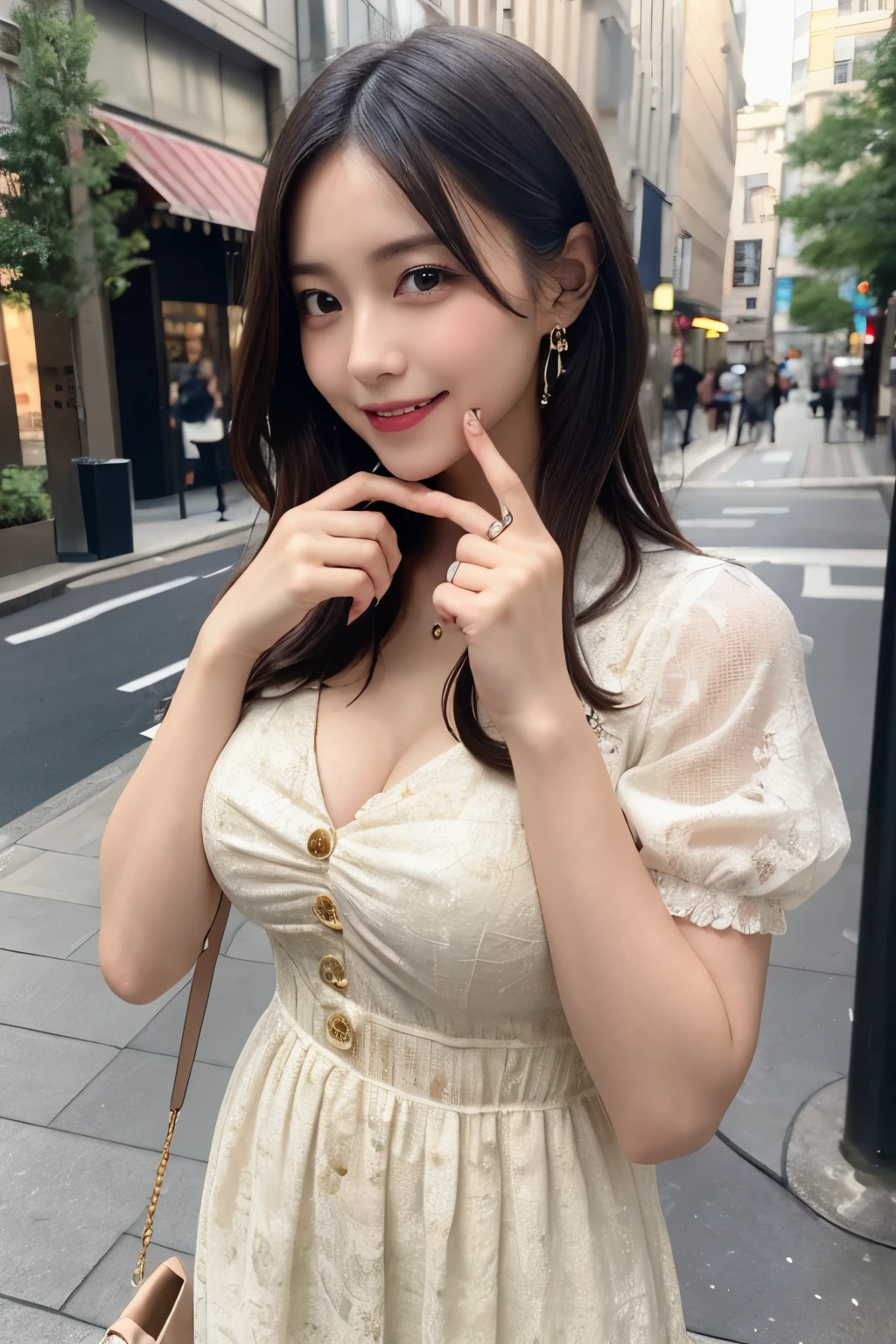 table top, highest quality, figure, super detailed, finely, High resolution, 8k wallpaper, 完璧なダイナミックな構figure, beautiful and fine eyes, colorful clothes, Beautiful dress,Fashionable dresses, medium hair, big breasts, branded bag, natural color lip, random sexy poses,smile,Dimples, Aoyama Street Walk、20 year old girl
