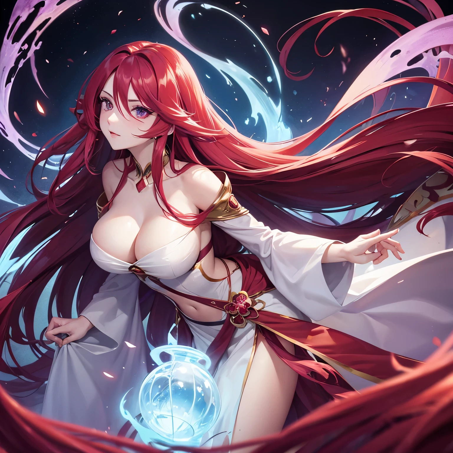 long red flowing hair beautiful goddess with purple eyes and poison power