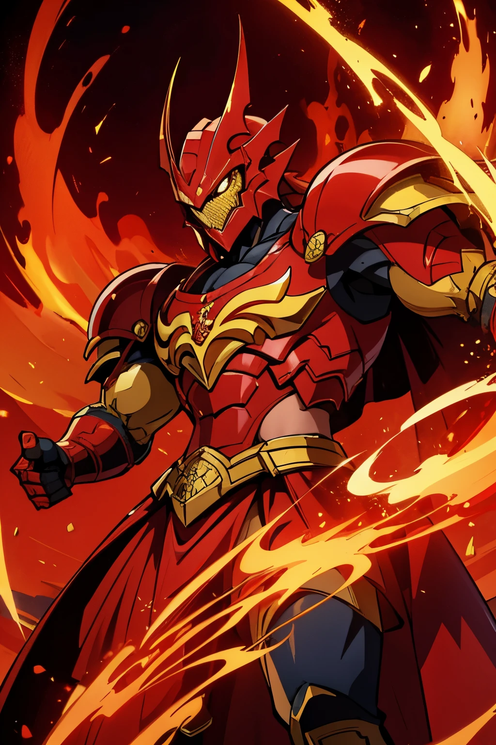 Dragon de piel roja enfurecido con cuerpo humanoide. musculoso y con armadura ligera de oro
