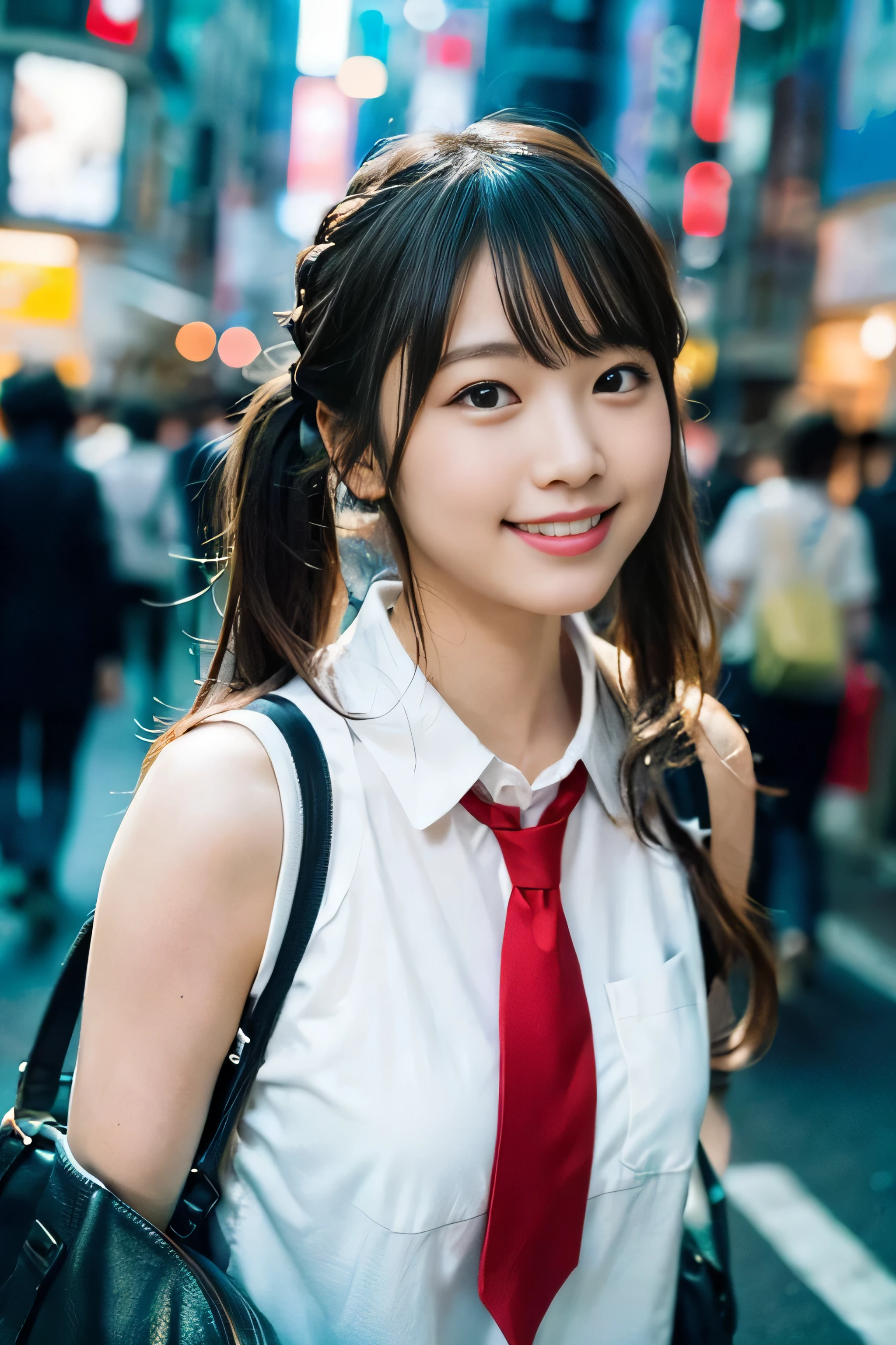 (8K、RAW photo、best image quality、masterpiece:1.2)、(genuine、フォトgenuine:1.37)、Super detailed、ultra high resolution、girl、1 person、Eyes that see the beholder、Beautiful face in every detail、smile、narrow、 (slim waist) :1.3)、thick and beautiful skin、skin texture、flowing hair、professional writing、as a whole human body、twin tails、Braid、high school girlの制服、high school girl、school zone、Tokyo、cityscape、red tie、bob hair、happy smile、baby face smile、no makeup、16 years old、a little chubby、E cup breasts、