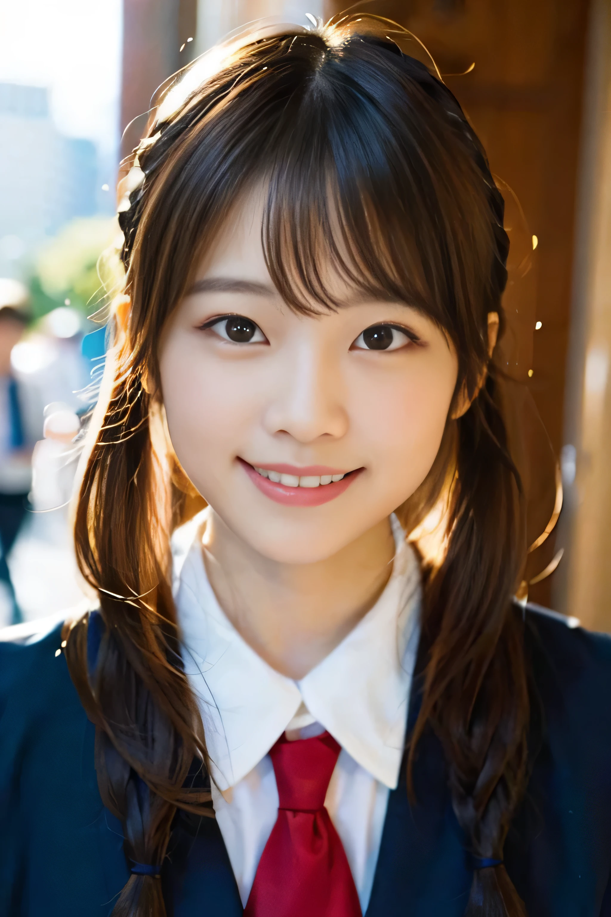(8K、RAW photo、best image quality、masterpiece:1.2)、(genuine、フォトgenuine:1.37)、Super detailed、ultra high resolution、girl、1 person、Eyes that see the beholder、Beautiful face in every detail、smile、narrow、 (slim waist) :1.3)、thick and beautiful skin、skin texture、flowing hair、professional writing、as a whole human body、twin tails、Braid、high school girlの制服、high school girl、school zone、Tokyo、cityscape、red tie、bob hair、happy smile、baby face smile、no makeup、16 years old、a little chubby、E cup breasts、