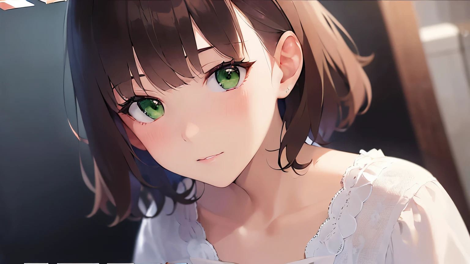 (cinematic angle:2), cowboy shot, Realistic, real person, RAW photo, photorealistic, portrait photography, shiny skin, japanese idol、(前髪がある20歳の女性), (green eyes:1.5) and (brown hair) and (bob cut) and (wavy hair), (White Short sleeved blouse:1.3)、ミニスカートを履いている、embarrassed, (blush:1.2), 一人きり、立っている、