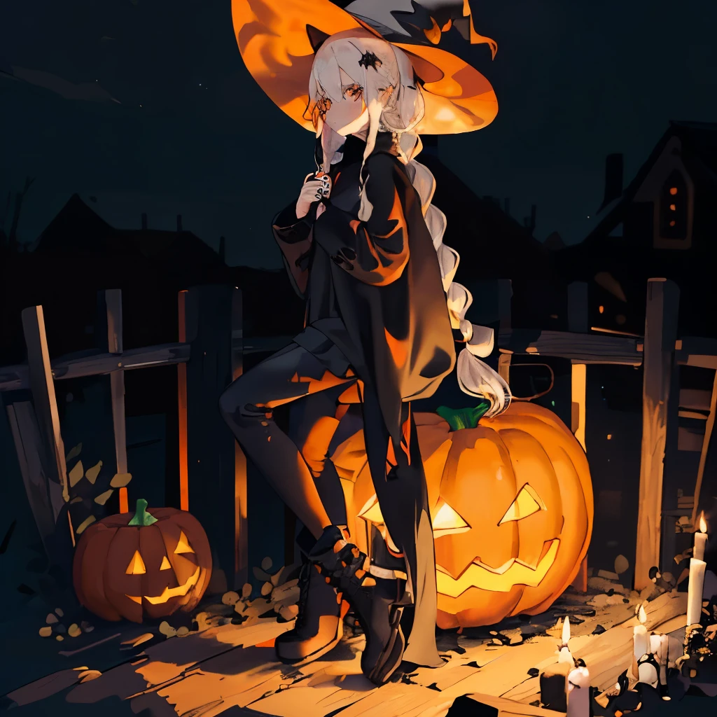 A Girl in long black sweater, in Witch hat for Halloween , holding Pumpkin with candle lit inside in both hands, Busy pumpkin patch and moonlit scene in the background of her, (white hair, large messy braided pigtails, orange streaks, messy hair), ((orange and black lose leggings, black goth boots)), high quality, detailed, detailed eyes