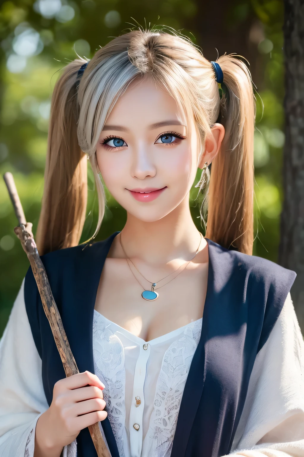 ((masterpiece)), ((highest quality)), (super detailed), ((cute)), cute, (Lovely), ((very detailed)), (fine eyes), (detailed facial features), (finger details), (Detailed clothing characteristics), 4K, (8K), (beautiful), figure, cowboy shot, walk, forest, daytime, a cute girl, 1 girl, alone, ((Mage clothes)), (Elf Dress), ((Mage Staff)), ((beautiful white hair)), beautiful blue eyes, ((beautiful eyes)), (twin tails:1.2), necklace, smile, blush, shiny