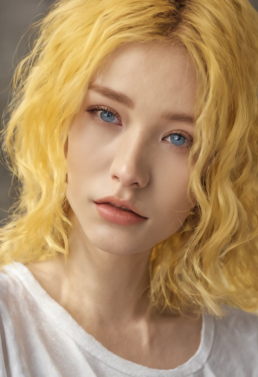 （（（ n_2b, blue eyes, Large breasts，with short white hair，））），((Masterpiece)),A high resolution, ((Best quality))，tmasterpiece，top-quality，best qualityer，（（（ Exquisite facial features，looking at viewer, ））），（（（Light and shadow interlace，huge boob，white skinned，laughingly，self-assured））），（（（Close-up of a man in a yellow shirt and jeans, with ripped crop t - shirt, Wavy hair yellow theme, cropped wide sleeve, Light yellow, floating golden hair, Clean image, Guviz, sun yunjoo, Very sunny, fancy top, dream medium portrait top light, (((Yellow))), wearing yellow croptop, Yellow, casual clothing style）））