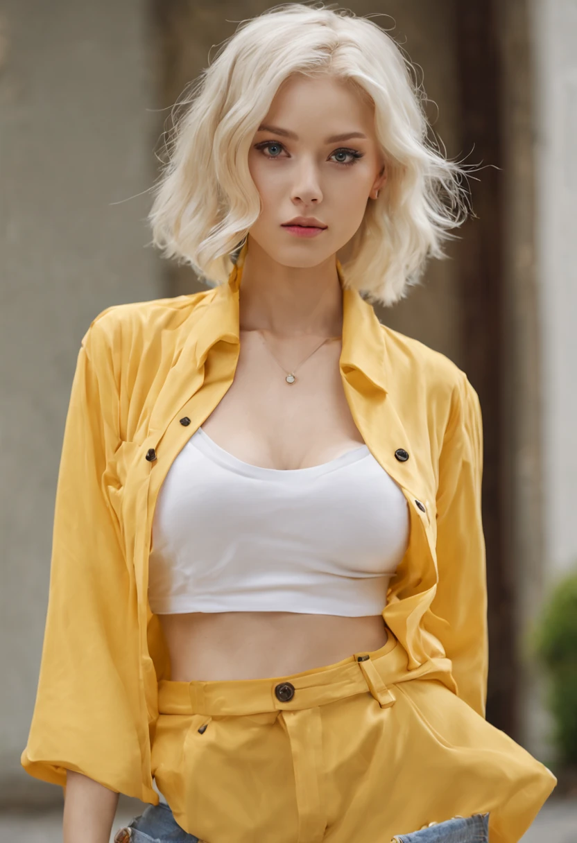 （（（ n_2b, blue eyes, Large breasts，with short white hair，））），((Masterpiece)),A high resolution, ((Best quality))，tmasterpiece，top-quality，best qualityer，（（（ Exquisite facial features，looking at viewer, ））），（（（Light and shadow interlace，huge ，white skinned，laughingly，self-assured））），（（（Close-up of a man in a yellow shirt and jeans, with ripped crop t - shirt, Wavy hair yellow theme, cropped wide sleeve, Light yellow, floating golden hair, Clean image, Guviz, sun yunjoo, Very sunny, fancy top, dream medium portrait top light, (((Yellow))), wearing yellow croptop, Yellow, casual clothing style）））