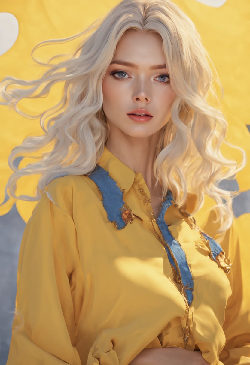 （（（ n_2b, blue eyes, Large breasts，with short white hair，））），((Masterpiece)),A high resolution, ((Best quality))，tmasterpiece，top-quality，best qualityer，（（（ Exquisite facial features，looking at viewer, ））），（（（Light and shadow interlace，huge boob，white skinned，laughingly，self-assured））），（（（Close-up of a man in a yellow shirt and jeans, with ripped crop t - shirt, Wavy hair yellow theme, cropped wide sleeve, Light yellow, floating golden hair, Clean image, Guviz, sun yunjoo, Very sunny, fancy top, dream medium portrait top light, (((Yellow))), wearing yellow croptop, Yellow, casual clothing style）））