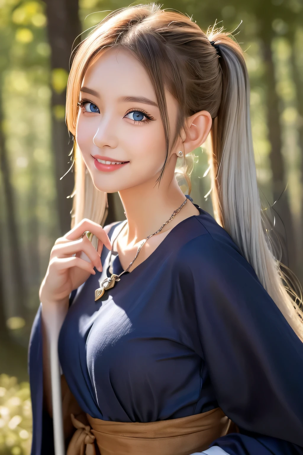 ((masterpiece)), ((highest quality)), (super detailed), ((cute)), cute, (Lovely), ((sexy)), (device), ((very detailed)), (fine eyes), (detailed facial features), (finger details), (Detailed clothing characteristics), 4K, (8K), (beautiful), figure, Upper body, walk, forest, daytime, a cute girl, 1 girl, alone, (Mage clothes), mage cloak, ((beautiful white hair)), beautiful blue eyes, ((beautiful eyes)), twin tails, necklace, smile, blush, shiny