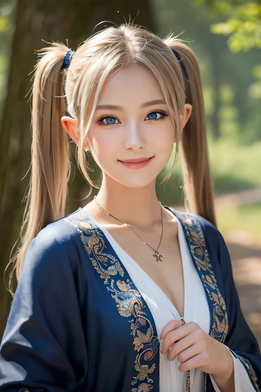 ((masterpiece)), ((highest quality)), (super detailed), ((cute)), cute, (Lovely), ((very detailed)), (fine eyes), (detailed facial features), (finger details), (Detailed clothing characteristics), 4K, (8K), (beautiful), figure, cowboy shot, walk, forest, daytime, a cute girl, 1 girl, alone, ((Mage clothes)), (Elf Dress), ((Mage Staff)), ((beautiful white hair)), beautiful blue eyes, ((beautiful eyes)), (twin tails:1.2), necklace, smile, blush, shiny