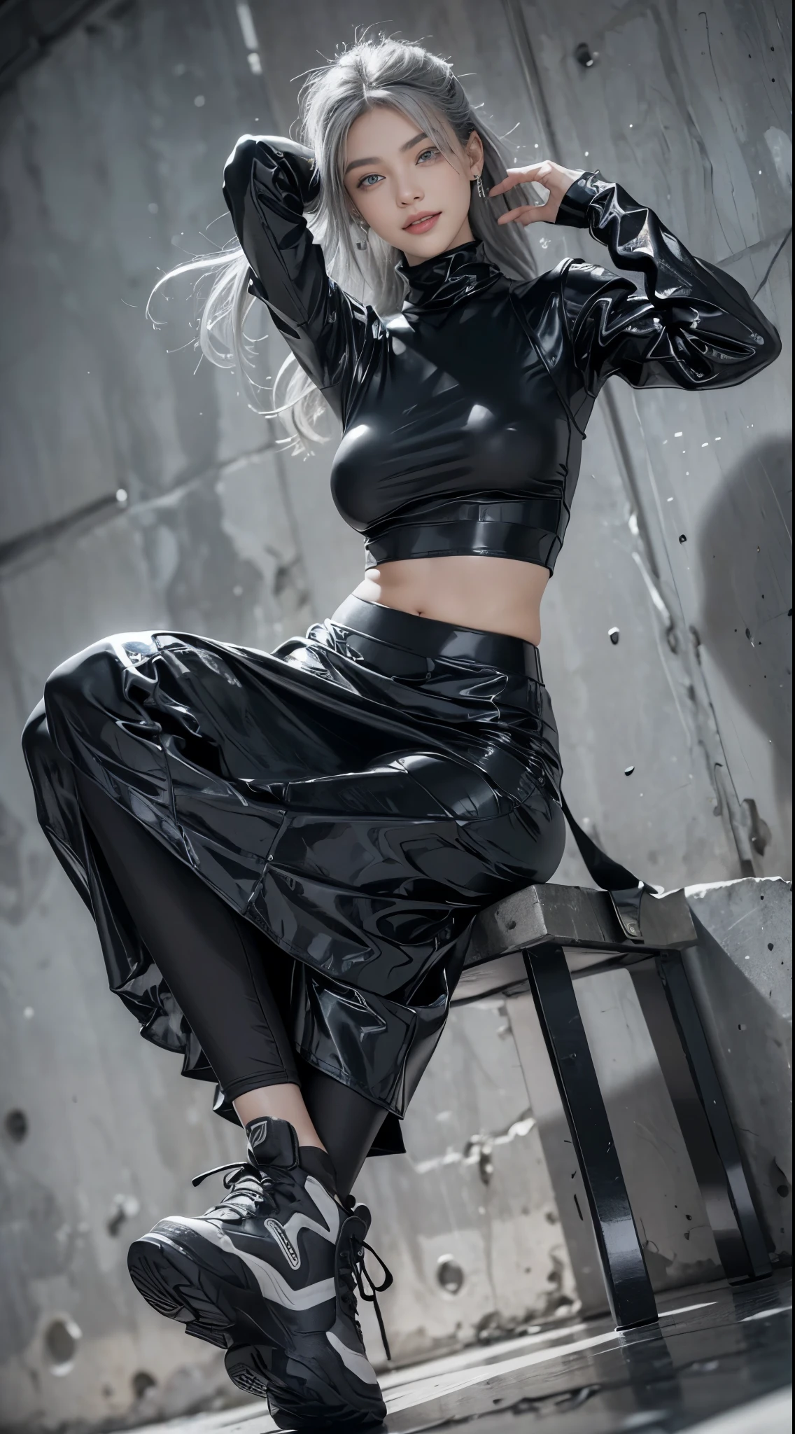 (Realistic:1.2), (fashion portrait:1.6), (brand collection, fashion brand theme:1.6), (detailed, beautiful, masterpiece, best quality:1.2), _ BREAK (1girl:1.2), 22 years old, 160 cm, Japanese cute model, Tightened all body, (large Breasts:1.4), small head, small face, diamond Face, small nose, Sharp Faceline, Detailed face, Detailed eyes, young hands and fingers, beautiful hands and fingers, five fingers, _ BREAK (happy, smile, Glossy Lips:1.3), (Light color lips, Half open mouth, beautiful Teeth:1.2), (dropy eyes, Double eyelid, light color eyes, Shiny eyes:1.5), Shiny skin, _ BREAK (arranged hairstyle:1.4), (gray hair, shiny hair), _ BREAK (gray background:1.4), mist, fog, _ BREAK (wide angle, from below:1.6), (sitting, fashion model pose:1.4), focus shoes, BREAK (Cyberpunk and wool fusion:1.3), ((wear an oversized black wool turtleneck with rubberized surface) for a luxurious, futuristic, bodysuit, High legs, and warm feel:1.2), (large sleeves:1.2), (7/8 length:1.2), (simple yet cyberpunk-themed design:1.3), BREAK (black and White theme:1.3), (super Low rise pants with a black subtle reflective pattern:1.2), (super Low rise long skirt:1.4), (Thick sole technical High Sneaker with sleek metal details:1.4), (edgy and versatile:1.2),(Long drooping silver earrings:1.4),