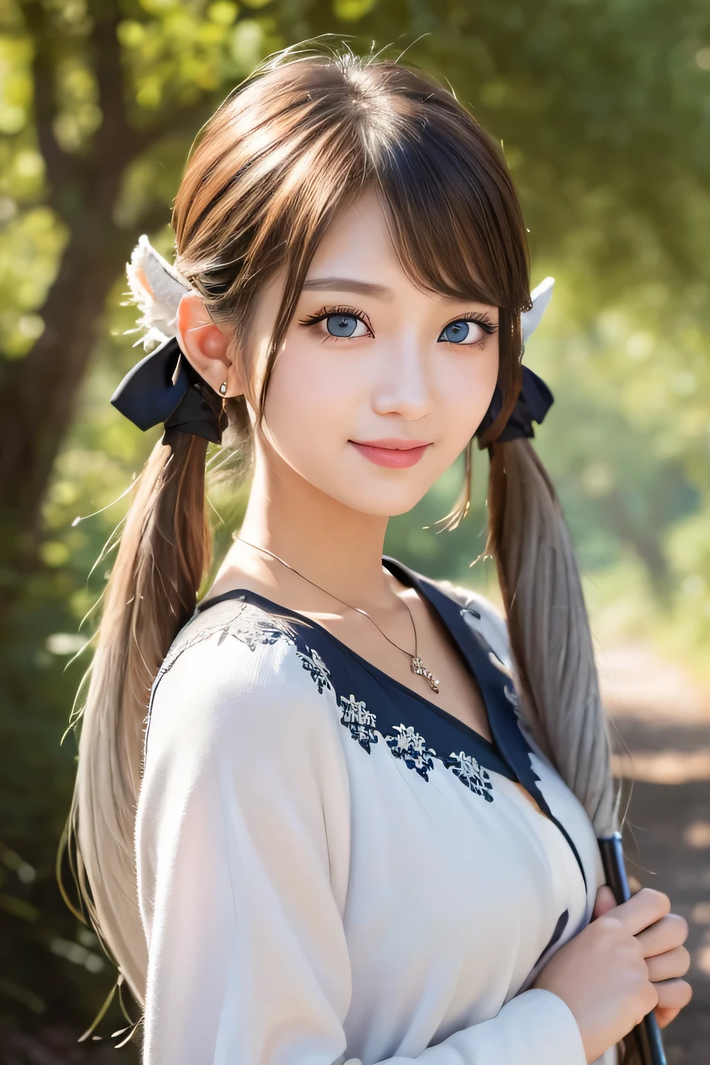 ((masterpiece)), ((highest quality)), (super detailed), ((cute)), cute, (Lovely), ((very detailed)), (fine eyes), (detailed facial features), (finger details), (Detailed clothing characteristics), 4K, (8K), (beautiful), figure, cowboy shot, walk, forest, daytime, a cute girl, 1 girl, alone, ((Mage clothes)), (Elf Dress), ((staff)), ((beautiful white hair)), beautiful blue eyes, ((beautiful eyes)), (twin tails), necklace, smile, blush, shiny