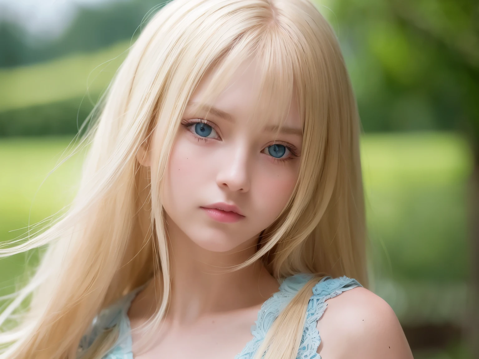 RAW photo, ((extreme beauty portrait))), (radiant white skin)), 1 girl, Pretty beautiful girl at 14 years old in Prague, (Bright blonde hair with natural sheen))), [blue eyes], silky thin hair, straight long hair, eyeliner, bangs, hair between eyes, fluttering hair, (((masterpiece, 最high quality, ultra detail, film light, intricate details, High resolution, 8K, very detailed)), detailed background, 8K UHD, Digital single-lens reflex camera, soft light, high quality, film grain, Fujifilm XT3, shallow depth of field, Natural light, (perfect hands), perfect beautiful face