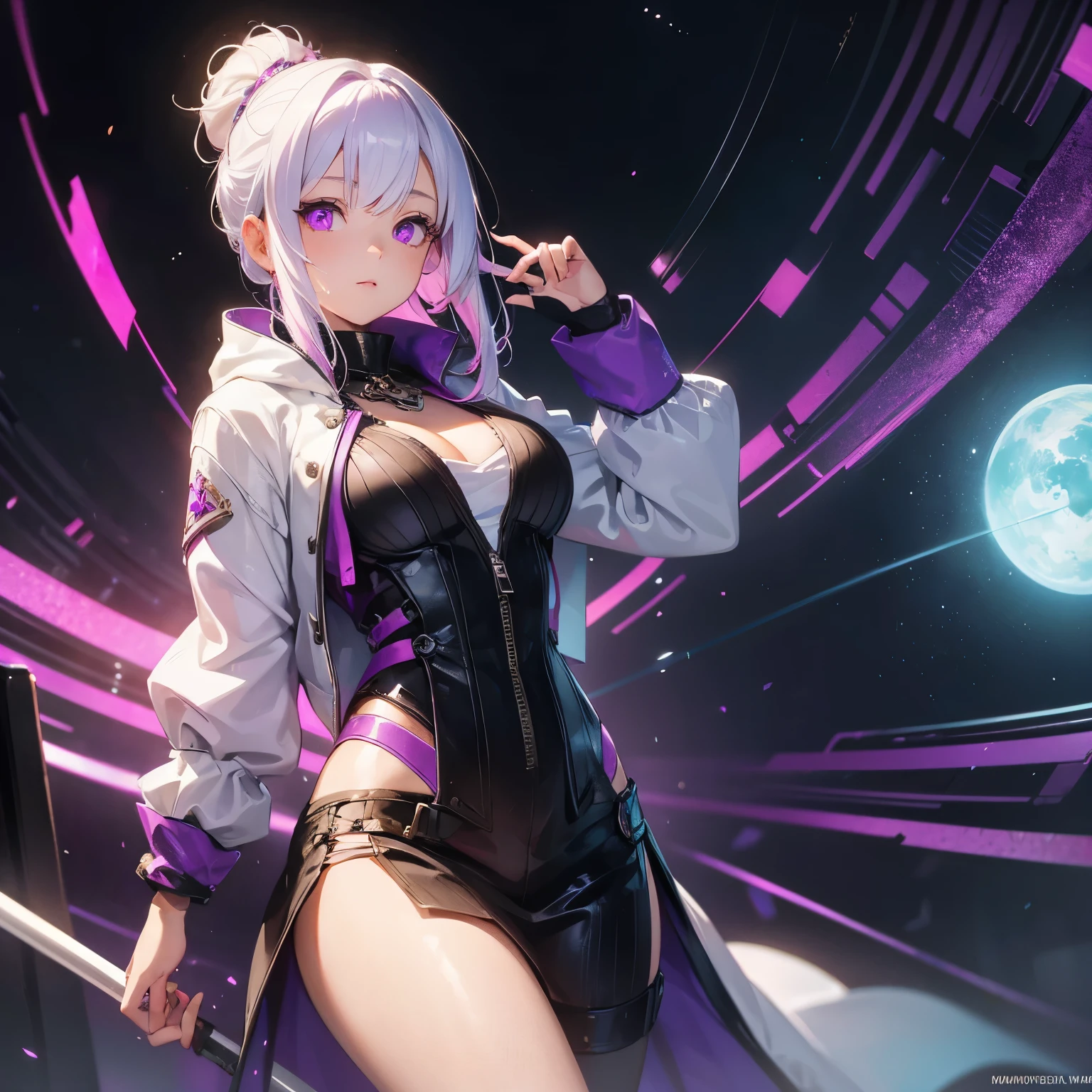 She is a young woman in her twenties who finds herself in a fantasy world. She has white hair with purple highlights and yellow and pink eyes.