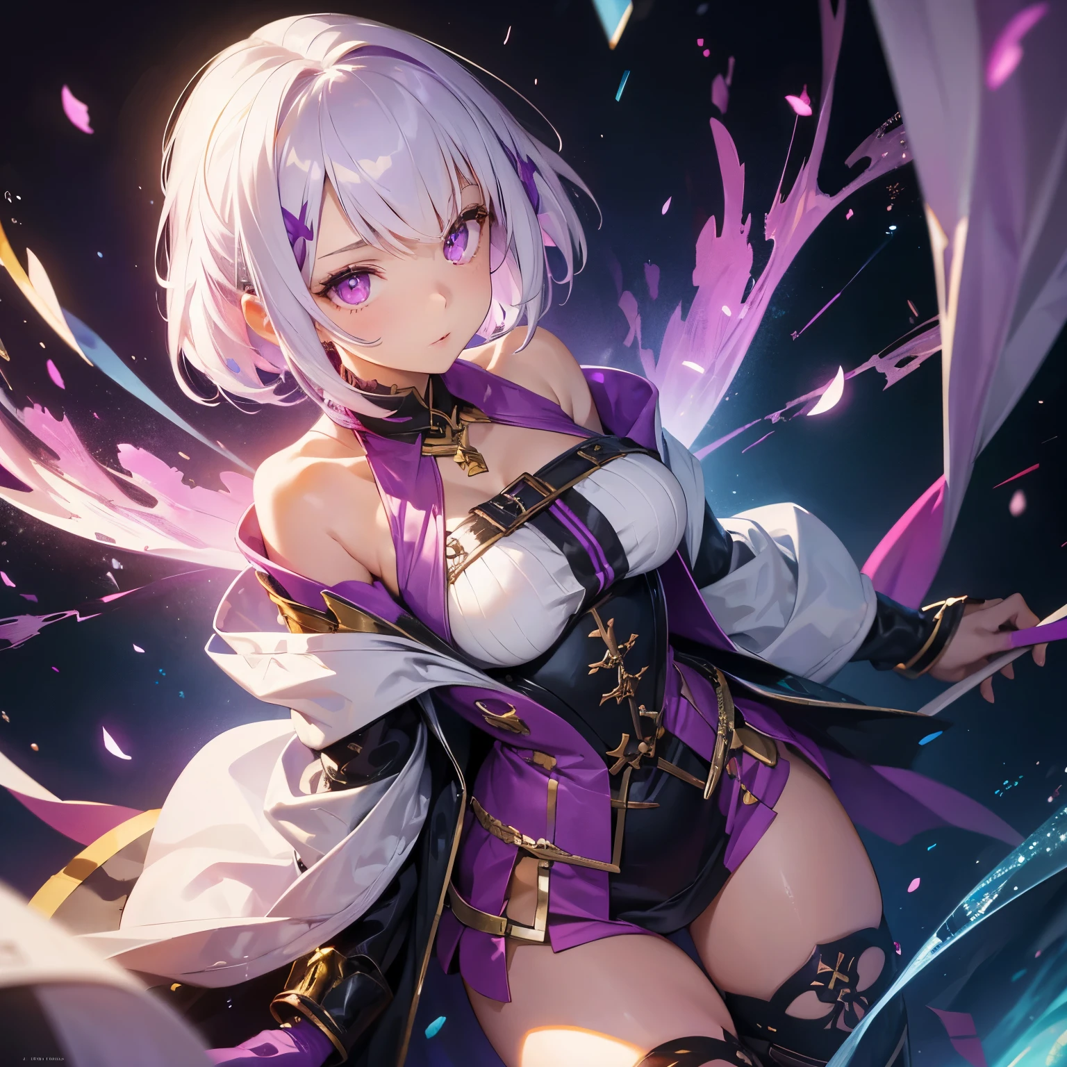 She is a young woman in her twenties who finds herself in a fantasy world. She has white hair with purple highlights and yellow and pink eyes.