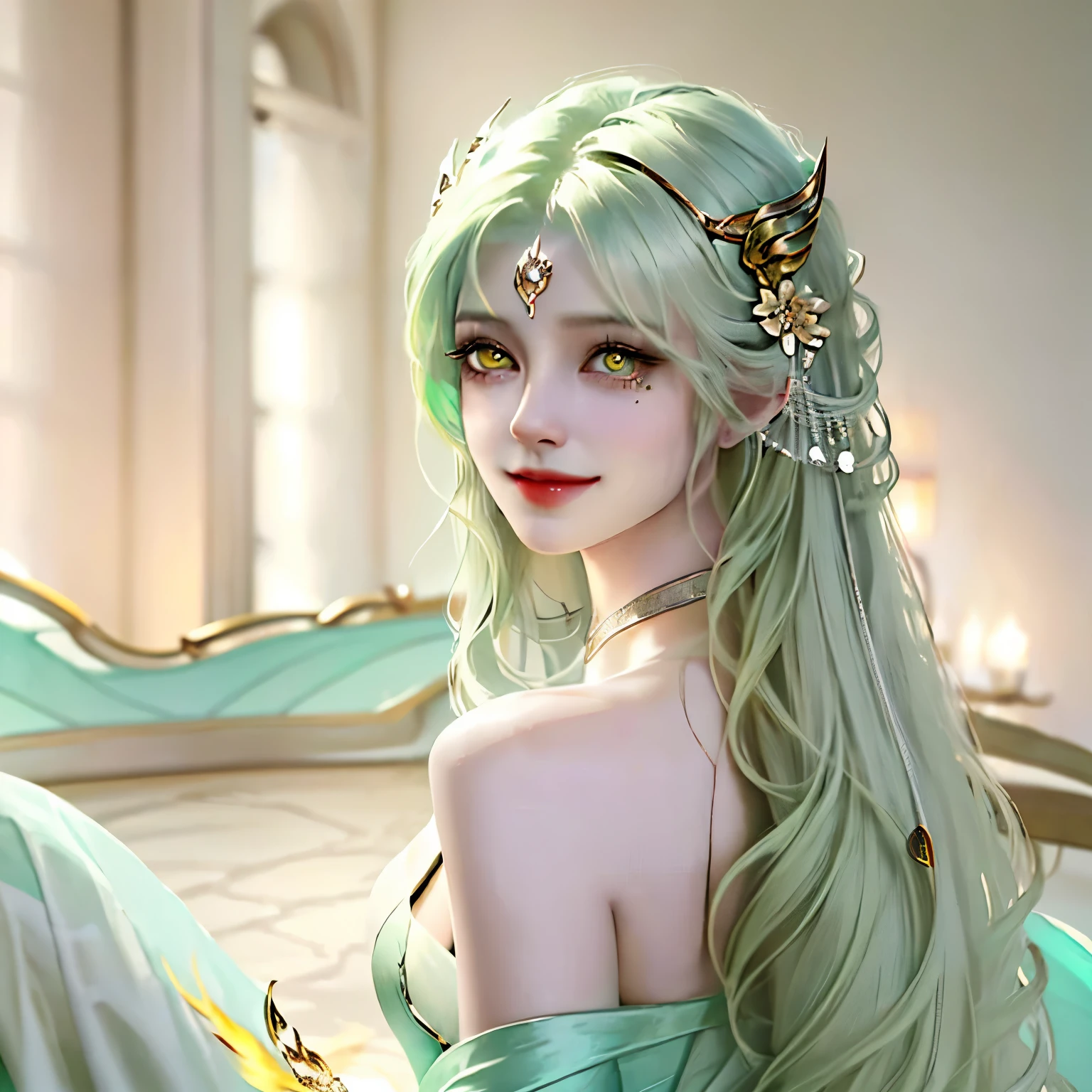 A beautiful, young-looking girl with long, straight, slightly wavy light green hair, bright yellow eyes along with dragon pupils. a white dress that leaves her back and the part of her collarbone exposed, the skirt of the dress reaching down to her heels, delicate in appearance with a calm smile. is sitting on a white throne, inside a white castle