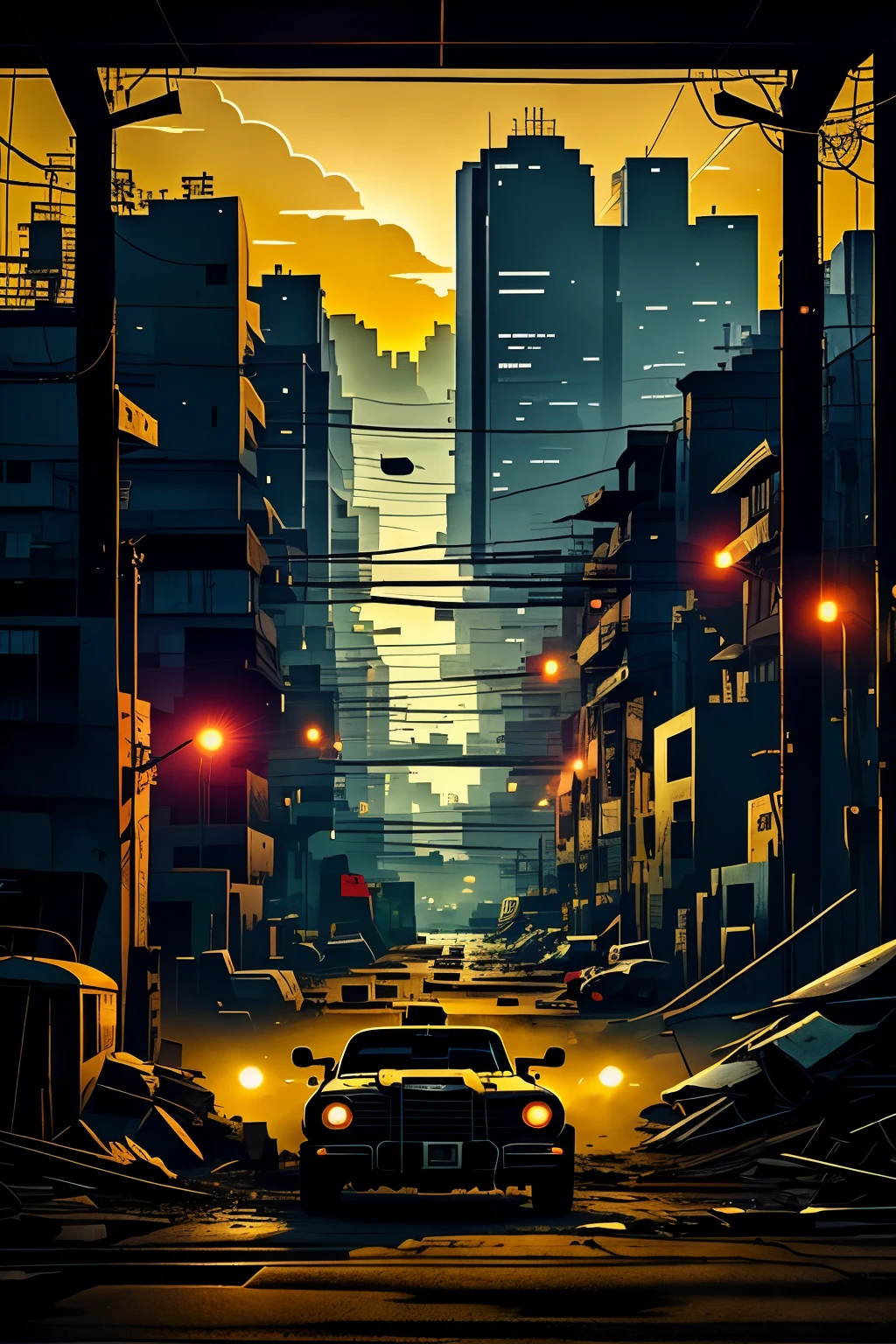 (A ray of hope in a dystopia、Una joven se adentra en un rascacielos oscuro.、One is back in the back center of the screen.、Paisaje urbano muy complejo、Un mundo devastado、Pulling composition、industrial、High-definition rendering、A city full of electrical cables、magic hour、Haz una historia con 4 hojas.
