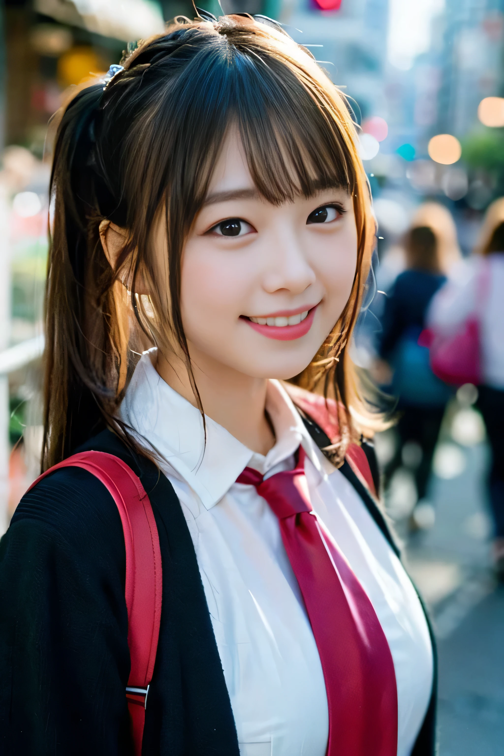 (8K、RAW photo、best image quality、masterpiece:1.2)、(genuine、フォトgenuine:1.37)、Super detailed、ultra high resolution、girl、1 person、Eyes that see the beholder、Beautiful face in every detail、smile、narrow、 (slim waist) :1.3)、thick and beautiful skin、skin texture、flowing hair、professional writing、as a whole human body、twin tails、Braid、high school girlの制服、high school girl、school zone、Tokyo、cityscape、red tie、bob hair、happy smile、baby face smile、no makeup、16 years old、a little chubby、E cup breasts、