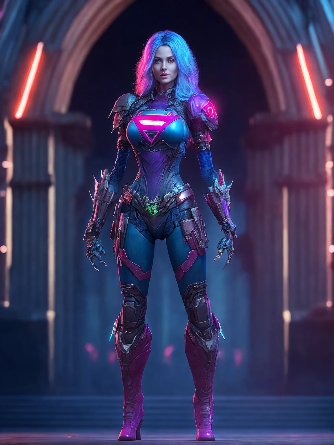 (((full body photo))), Portrait, Zombie Supergirl from DC, biomechanical, complex robot, full growth, hyperrealistic, insane small details, extremely clean lines, cyberpunk aesthetic, masterpiece featured on Zbrush Central, gothic brutalist cathedral, cyberpunk, award-winning photo, bokeh, neon lights, cybernetic limb