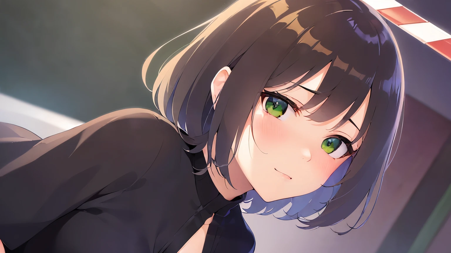 (cinematic angle:2), cowboy shot, Realistic, real person, RAW photo, photorealistic, portrait photography, shiny skin, japanese idol、(前髪がある20歳の女性), (green eyes:1.5) and (brown hair) and (bob cut) and (wavy hair), (White Short sleeved blouse:1.3)、ミニスカートを履いている、embarrassed, (blush:1.2), 一人きり、立っている、