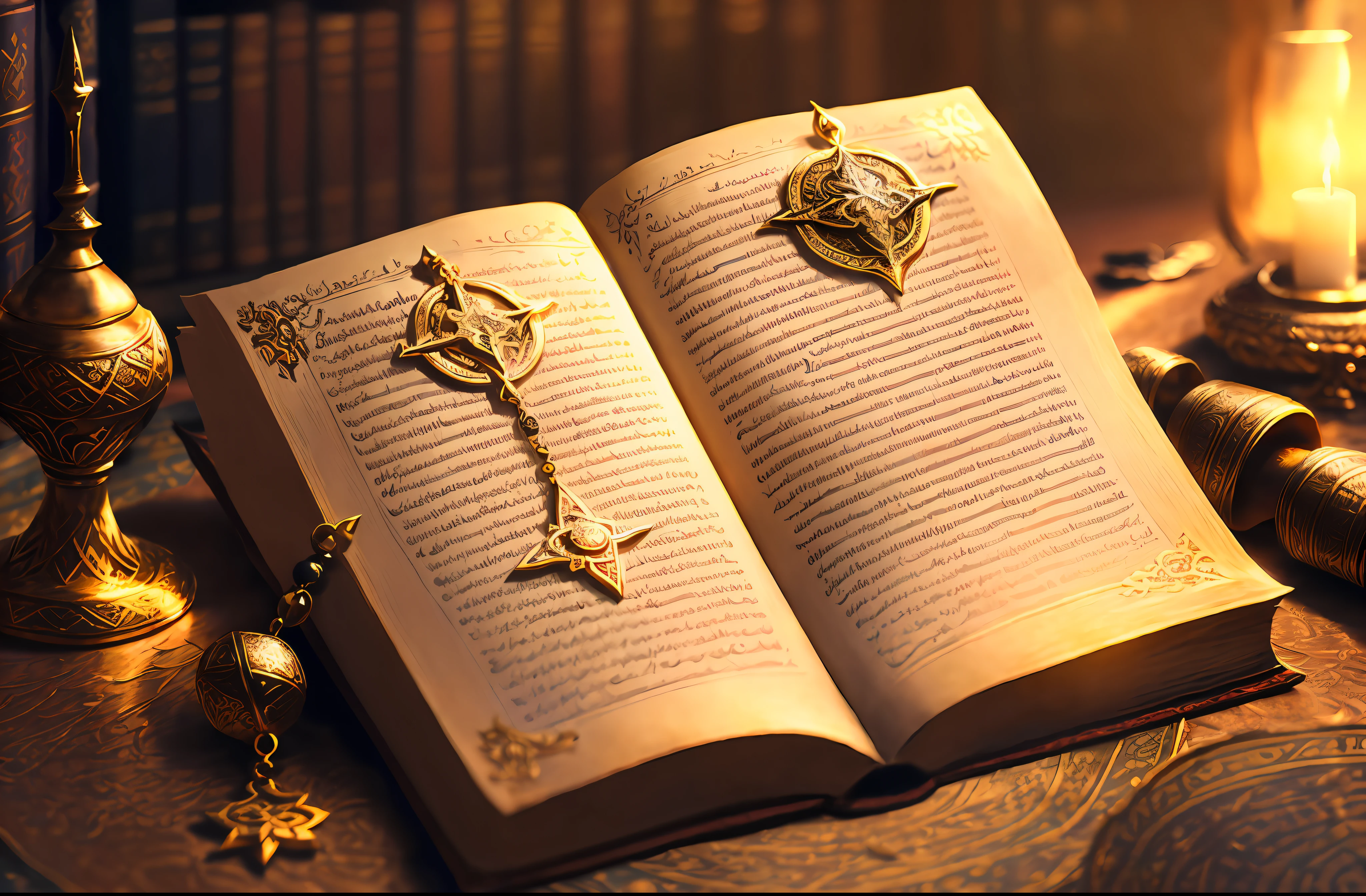 Old arabic magic scrolls and books in medieval library. Muslim rosary compass. Magic hour, fotografia profissional, Octane rendering, Hyper realistic - amazing sunlight, dynamic composition, fotografia, sharp focus, Bokeh