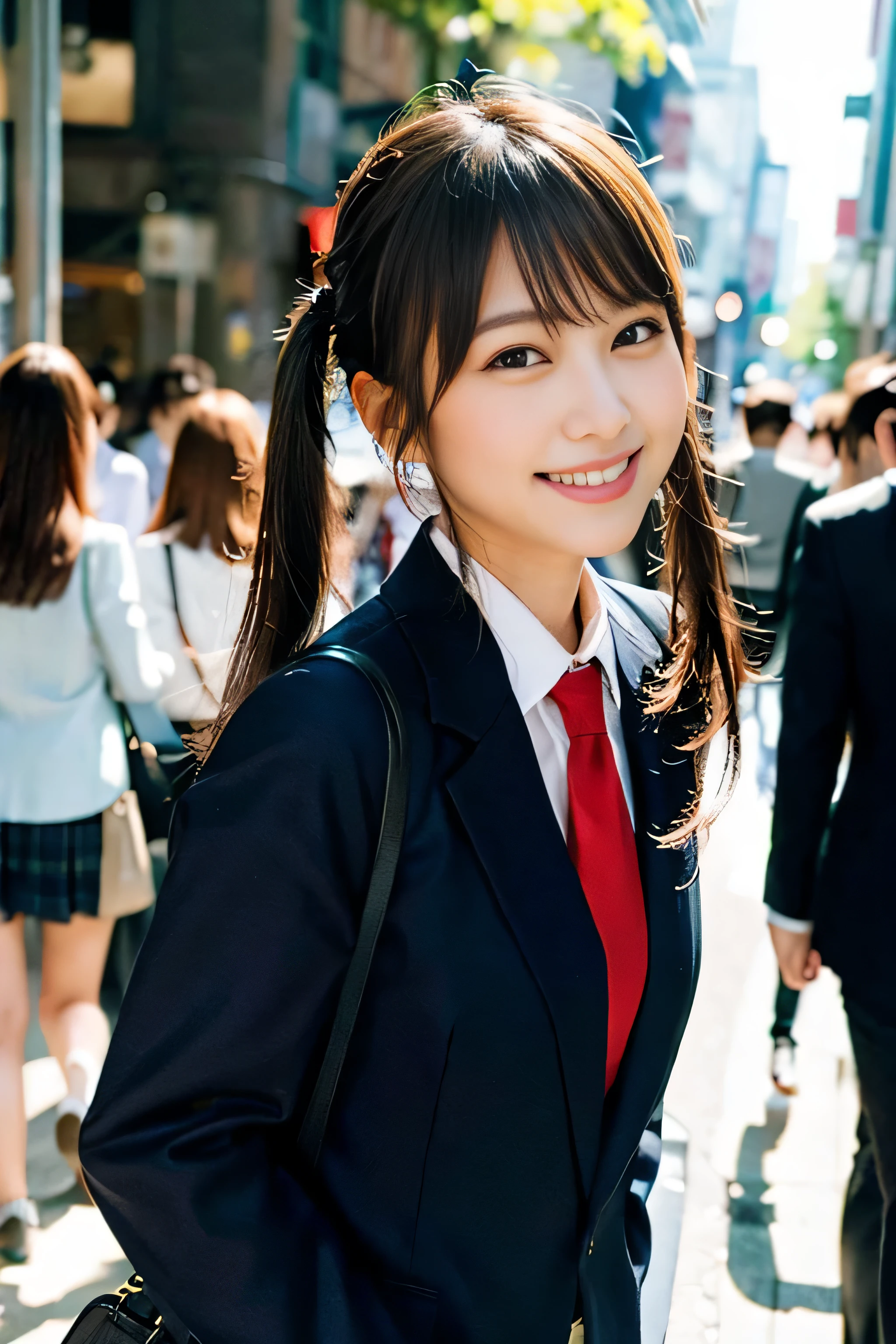 (8K、RAW photo、best image quality、masterpiece:1.2)、(genuine、フォトgenuine:1.37)、Super detailed、ultra high resolution、girl、1 person、Eyes that see the beholder、Beautiful face in every detail、smile、narrow、 (slim waist) :1.3)、thick and beautiful skin、skin texture、flowing hair、professional writing、as a whole human body、twin tails、Braid、gray blazer、high school girlの制服、high school girl、school zone、Tokyo、cityscape、red tie、bob hair、happy smile、 smile、no makeup、16 years chubby、E cup breasts、