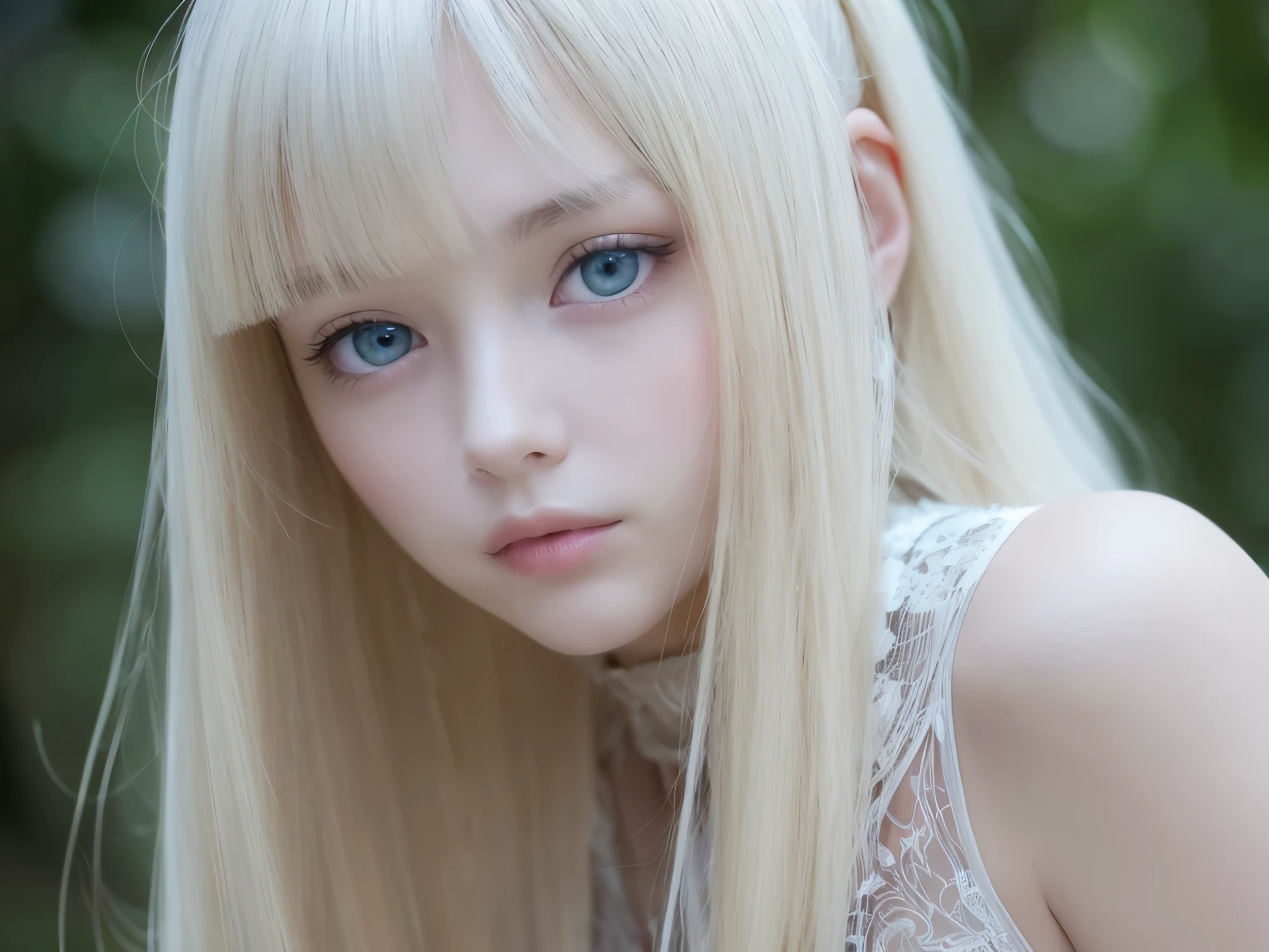 RAW photo, ((extreme beauty portrait))), (radiant white skin)), 1 girl, Pretty beautiful girl at 14 years old in Prague, (Bright blonde hair with natural sheen))), [blue eyes], silky thin hair, straight long hair, eyeliner, bangs, hair between eyes, fluttering hair, (((masterpiece, 最high quality, ultra detail, film light, intricate details, High resolution, 8K, very detailed)), detailed background, 8K UHD, Digital single-lens reflex camera, soft light, high quality, film grain, Fujifilm XT3, shallow depth of field, Natural light, (perfect hands), perfect beautiful face