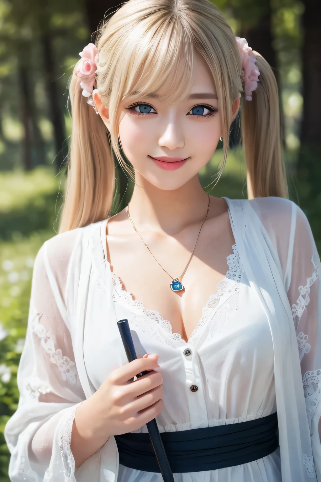 ((masterpiece)), ((highest quality)), (super detailed), ((cute)), cute, (Lovely), ((very detailed)), (fine eyes), (detailed facial features), (finger details), (Detailed clothing characteristics), 4K, (8K), (beautiful), figure, cowboy shot, walk, forest, daytime, a cute girl, 1 girl, alone, (Mage clothes), Elf Dress, staff, ((beautiful white hair)), beautiful blue eyes, ((beautiful eyes)), twin tails, necklace, smile, blush, shiny