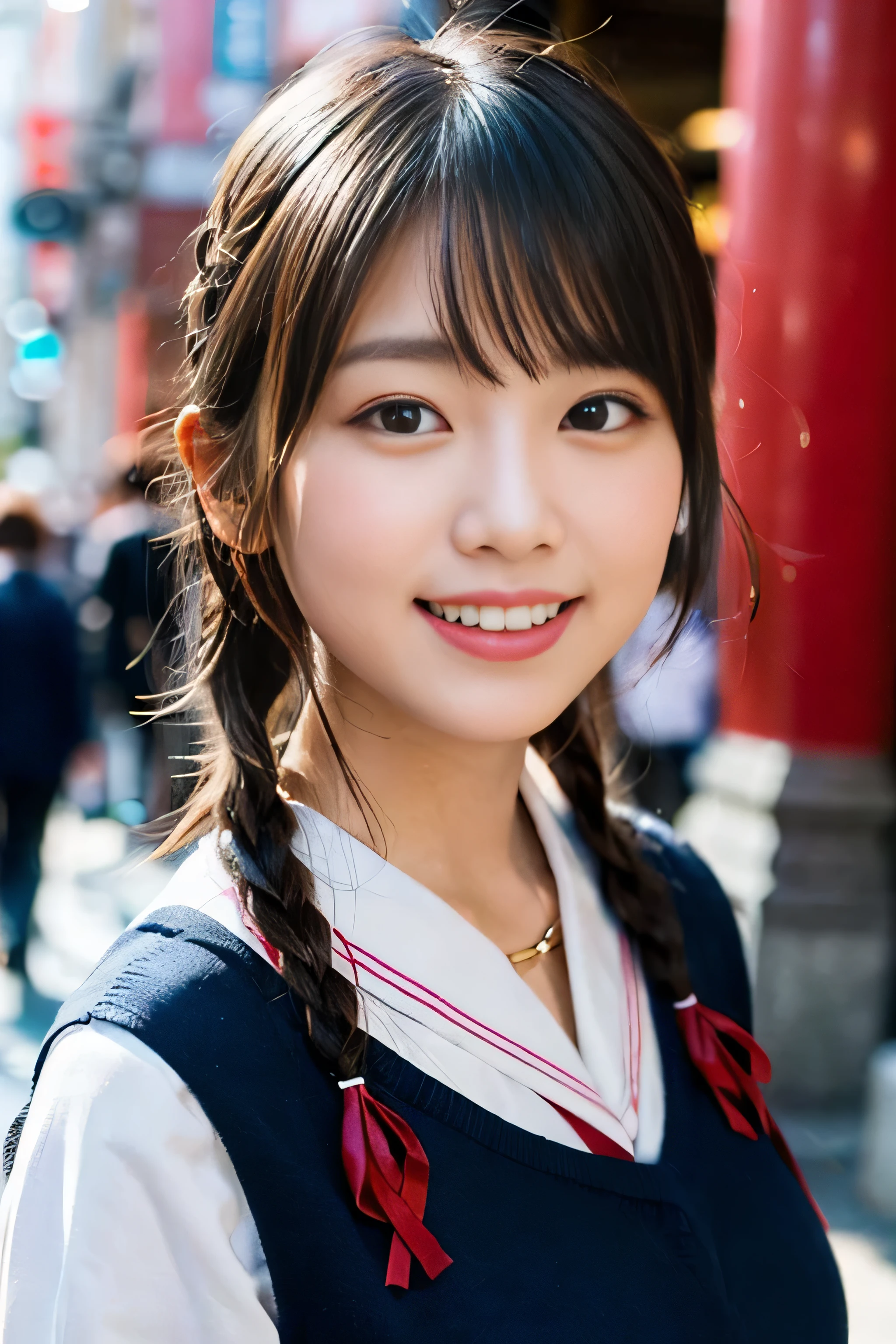 (8K、RAW photo、highest quality、masterpiece:1.2)、(realistic、Photoreal:1.37)、Super detailed、ultra high resolution、1 girl、see the beholder、beautiful and detailed face、laughter、narrow、(slim waist) :1.3)、beautiful and smooth skin、skin texture、floating hair、professional lighting、as a whole human body、twin tails、Braid、Japanese high school uniform、sailor suit、admission、、bob hair、E cup、smile、16 years old、red ribbon、baby face、childish smile、no makeup、moisturizing lips、pale pink lips、Museum background