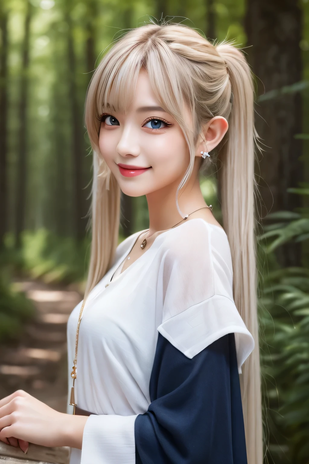 ((masterpiece)), ((highest quality)), (super detailed), ((cute)), cute, (Lovely), ((very detailed)), (fine eyes), (detailed facial features), (finger details), (Detailed clothing characteristics), 4K, (8K), (beautiful), figure, Upper body, walk, forest, daytime, a cute girl, 1 girl, alone, (Mage clothes), Elf Dress, ((beautiful white hair)), beautiful blue eyes, ((beautiful eyes)), twin tails, necklace, smile, blush, shiny