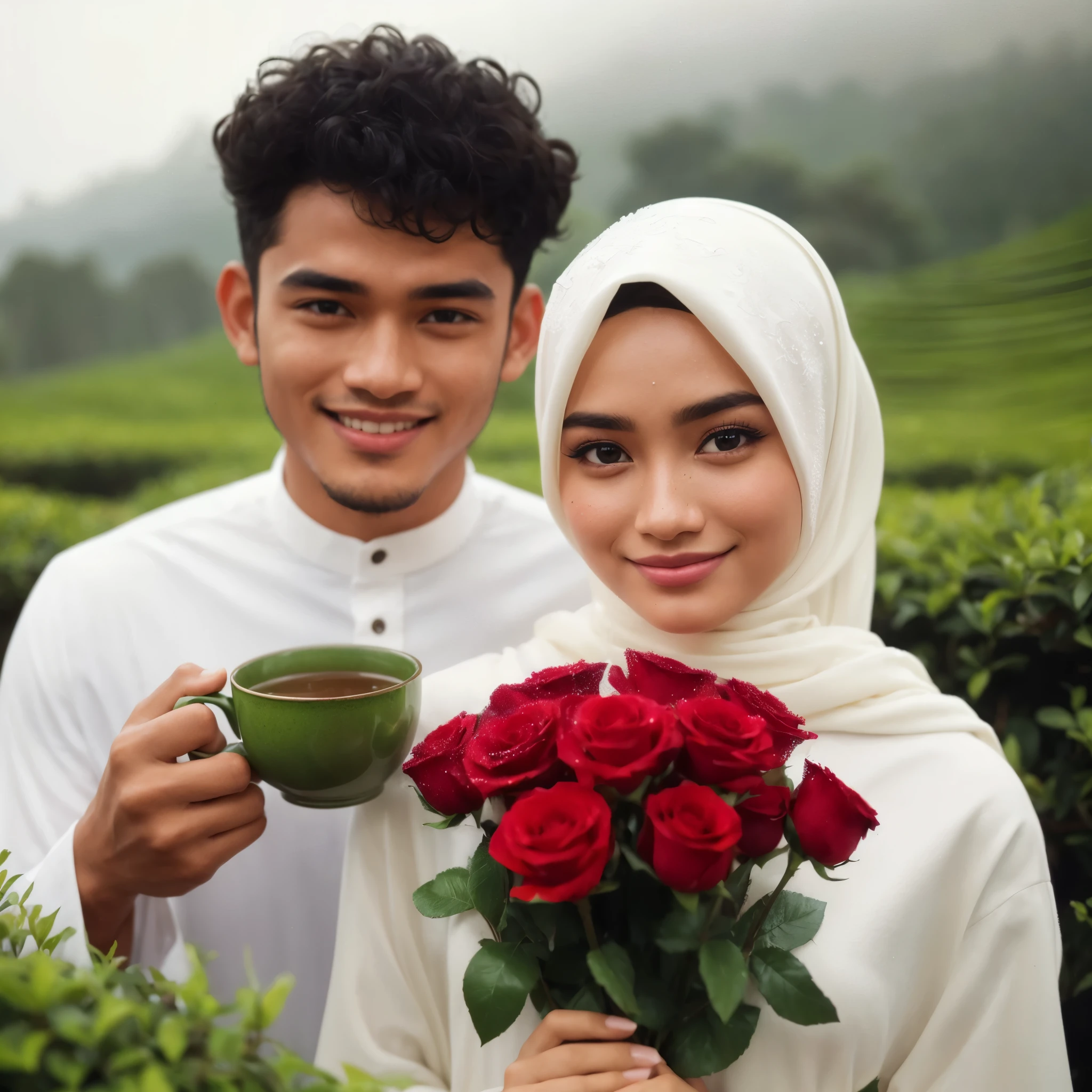 make it more detailed, a beautiful girl and an Indonesian man with very short curly hair wearing a white shirt with a hijab holding a bouquet of red roses, a green tea garden, the dew effect on the tea leaves is very detailed, the atmosphere depicts the morning with a beautiful morning dew drop effect, the picture is very realistic, original photos, photos from the Sony 35mm F/1.8 OSS Alpha E-Mount Prime camera, very sharp resolution, UHD 16K resolution, very aesthetic images, octane rendering, smile, love