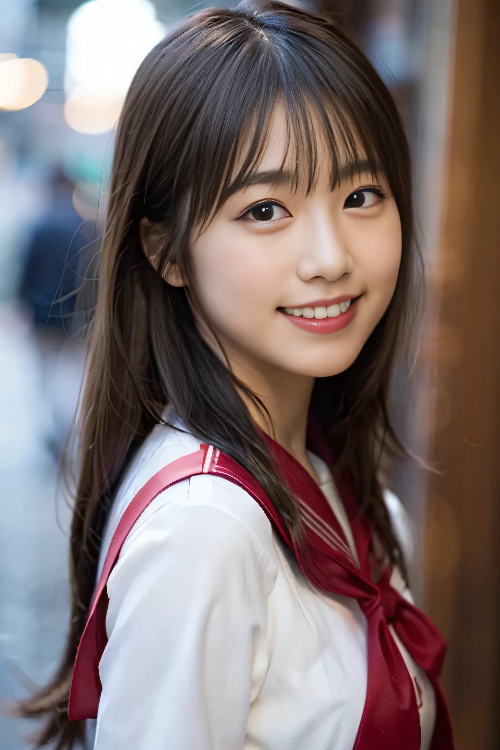 (8K、RAW photo、highest quality、masterpiece:1.2)、(realistic、Photoreal:1.37)、Super detailed、ultra high resolution、1 girl、see the beholder、beautiful and detailed face、laughter、narrow、(slim waist) :1.3)、beautiful and smooth skin、skin texture、floating hair、professional lighting、as a whole human body、twin tails、Braid、Japanese high school uniform、sailor suit、admission、、bob hair、E cup、smile、、red ribbon、baby face、chile、no makoisturizing lips、pale pink lips、Museum background