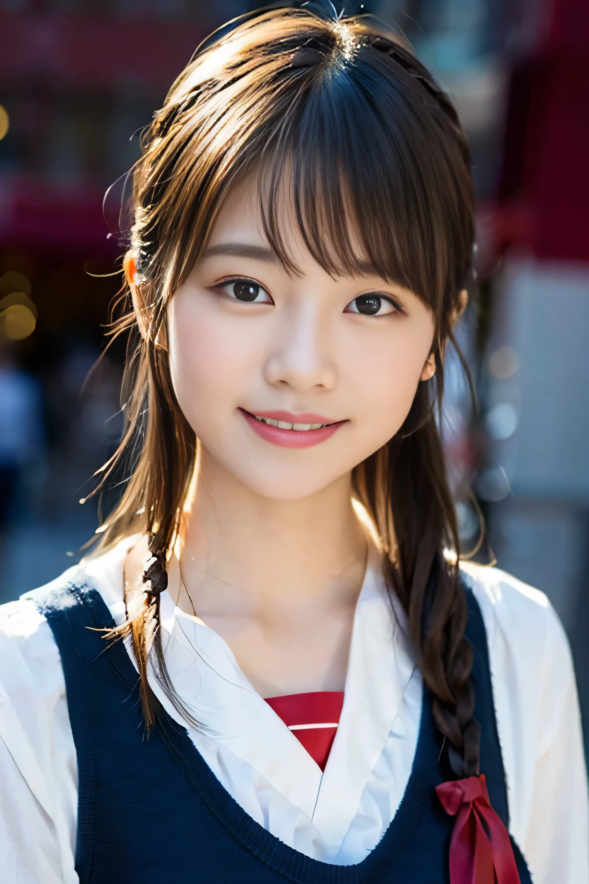 (8K、RAW photo、highest quality、masterpiece:1.2)、(realistic、Photoreal:1.37)、Super detailed、ultra high resolution、1 girl、see the beholder、beautiful and detailed face、laughter、narrow、(slim waist) :1.3)、beautiful and smooth skin、skin texture、floating hair、professional lighting、as a whole human body、twin tails、Braid、Japanese high school uniform、sailor suit、admission、、bob hair、E cup、smile、16 years old、red ribbon、baby face、childish smile、no makeup、moisturizing lips、pale pink lips、Museum background