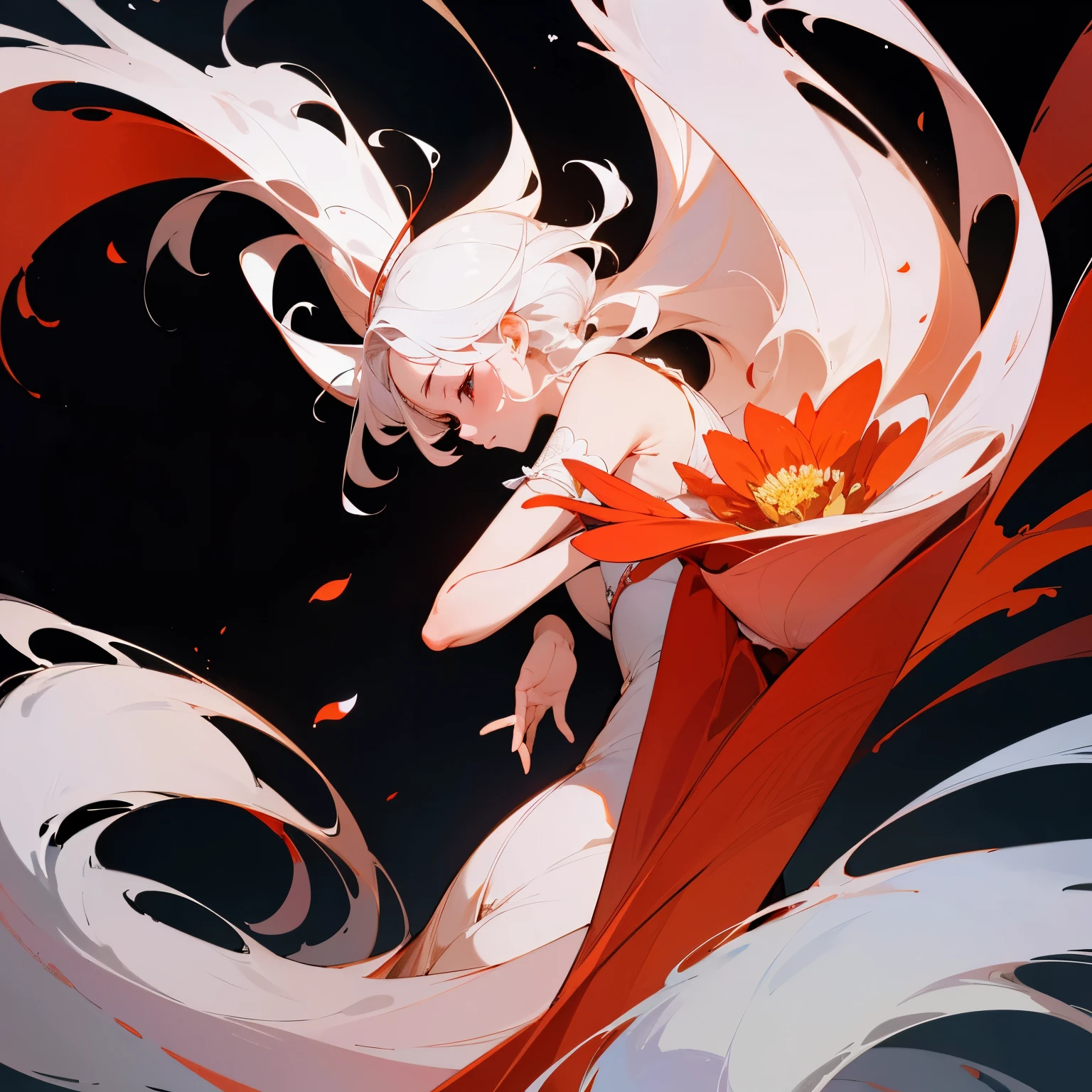 In the heart of Kyoto, a city known for its rich history and culture, there exists a simple yet elegant logo. The design is set against a minimal and pure, black background, allowing the intricate details to truly shine. At the center of the logo, a white, delicate flower blooms, its petals unfurling to reveal a vibrant touch of vermilion hue. The flower, meticulously detailed in vectorization, is presented in a silhouette style to add an element of mystery. The design, rendered in 8K resolution, showcases the super detailed and fine artistry of each line and curve, a testament to both the city's refined aesthetic and the artist's skill