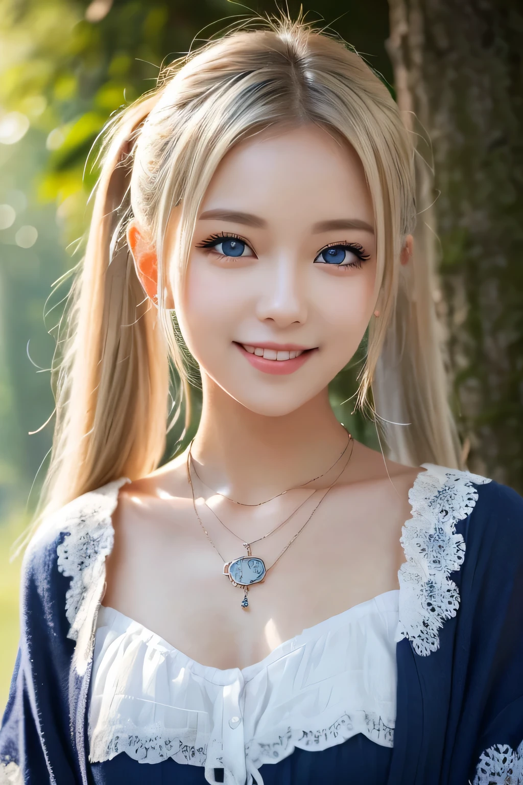 ((masterpiece)), ((highest quality)), (super detailed), ((cute)), cute, (Lovely), ((sexy)), (device), ((very detailed)), (fine eyes), (detailed facial features), (finger details), (Detailed clothing characteristics), 4K, (8K), (beautiful), figure, Upper body, walk, forest, daytime, a cute girl, 1 girl, alone, (Mage clothes), Elf Dress, ((beautiful white hair)), beautiful blue eyes, ((beautiful eyes)), twin tails, necklace, smile, blush, shiny
