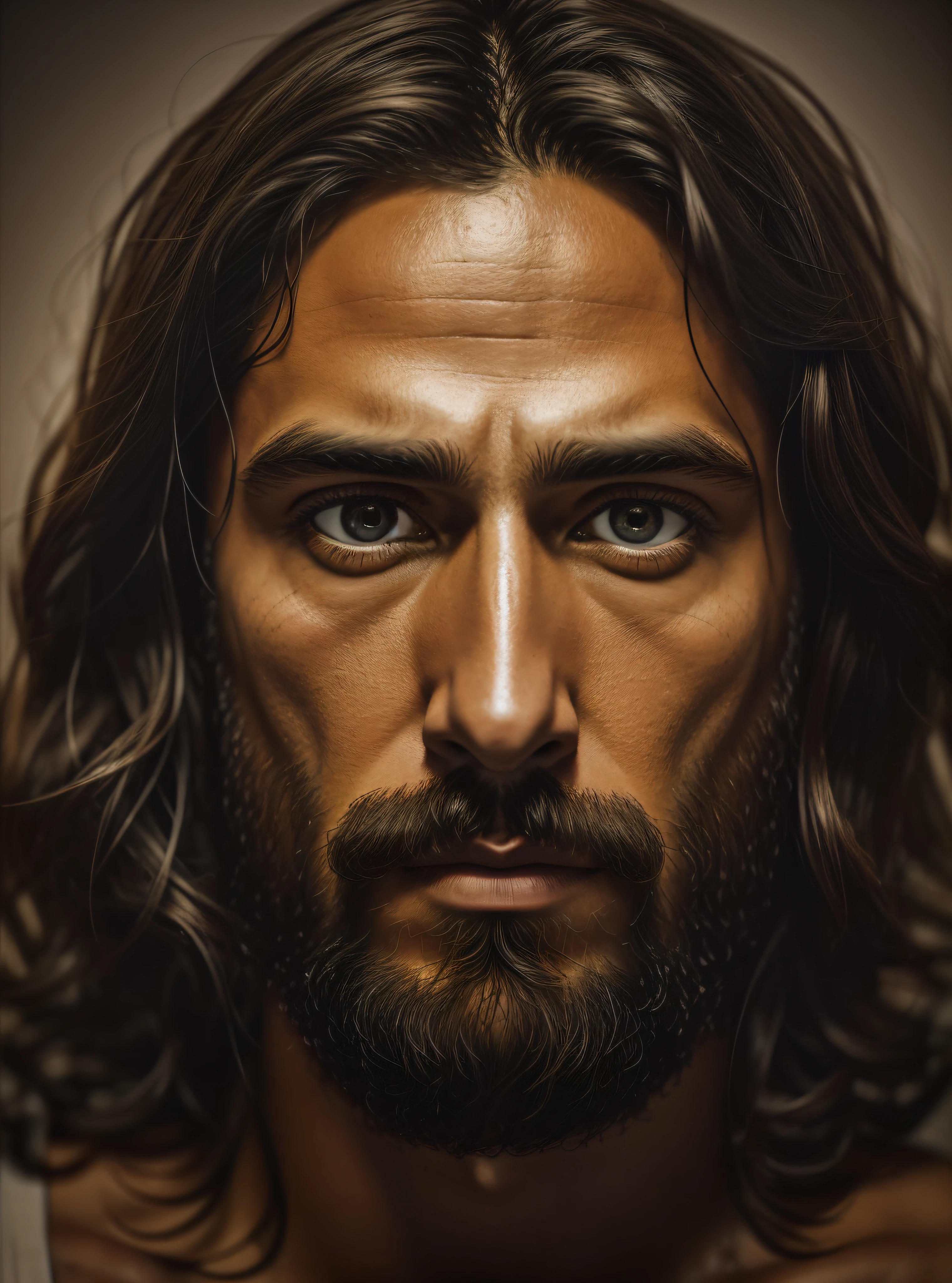 JESUS CRISTO, foto em tons escuros: Ultra-realistic epic, Soft cinematic portrait, hiperdetalhado, luzes frias, dramatic light, fundo complexo e escuro. Ultra-realistic skin, olhos castanhos esverdeados, cabelo e barba ultrarrealista, 8k, papel de parede, fotorrealista, semblante de Jesus Cristo, foto de Jesus.