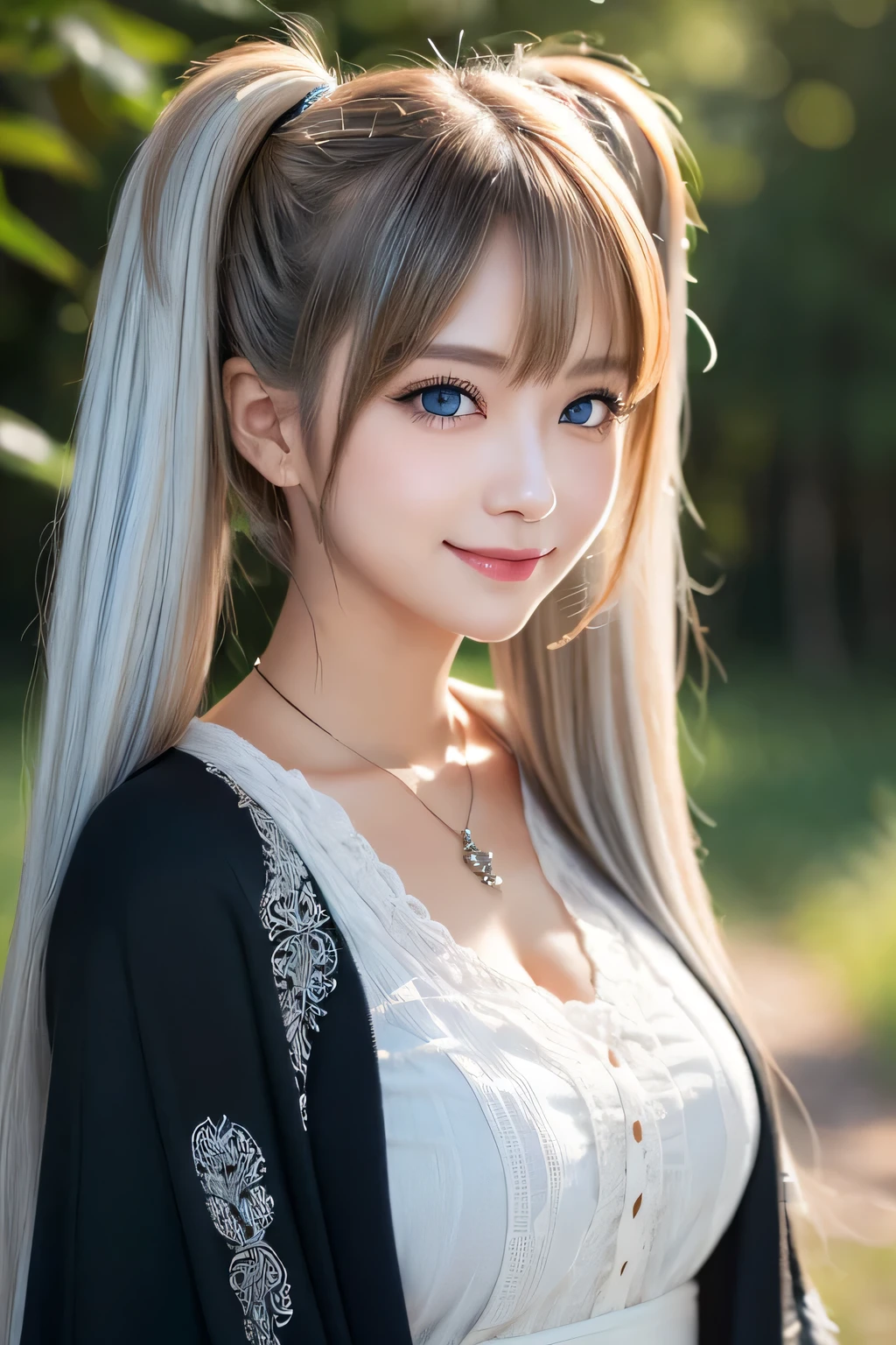 ((masterpiece)), ((highest quality)), (super detailed), ((cute)), cute, (Lovely), ((sexy)), (device), ((very detailed)), (fine eyes), (detailed facial features), (finger details), (Detailed clothing characteristics), 4K, (8K), (beautiful), figure, Upper body, walk, forest, daytime, a cute girl, 1 girl, alone, (Mage clothes), mage cloak, ((beautiful white hair)), beautiful blue eyes, ((beautiful eyes)), twin tails, necklace, smile, blush, shiny
