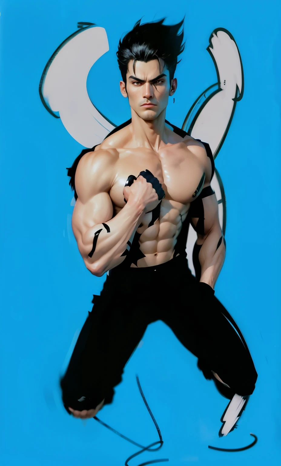 Realist artwork of a man with black hair like Jin Kazama, with slightly tan skin, and stunning white eyes. His face displays a cool expression with thick Japanese eyebrows. He has four strong arms, wearing long black jeans with bare feet, ready to fight. With a stance that suggests readiness to fight, this character stands out against the dramatic backdrop, creating an epic and uplifting picture." jitsu fighter with blue kimono, arms crossed, standing on a mat, detailed textures photorealistic highly detailed adobe lightroom, hdr  